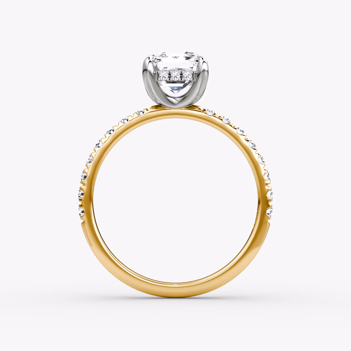 The Classic Hidden Halo | Asscher | 18k | Yellow Gold and Platinum | bandAccent: Pavé | bandWidth: large | prongStyle: Plain | diamondOrientation: vertical | caratWeight: other