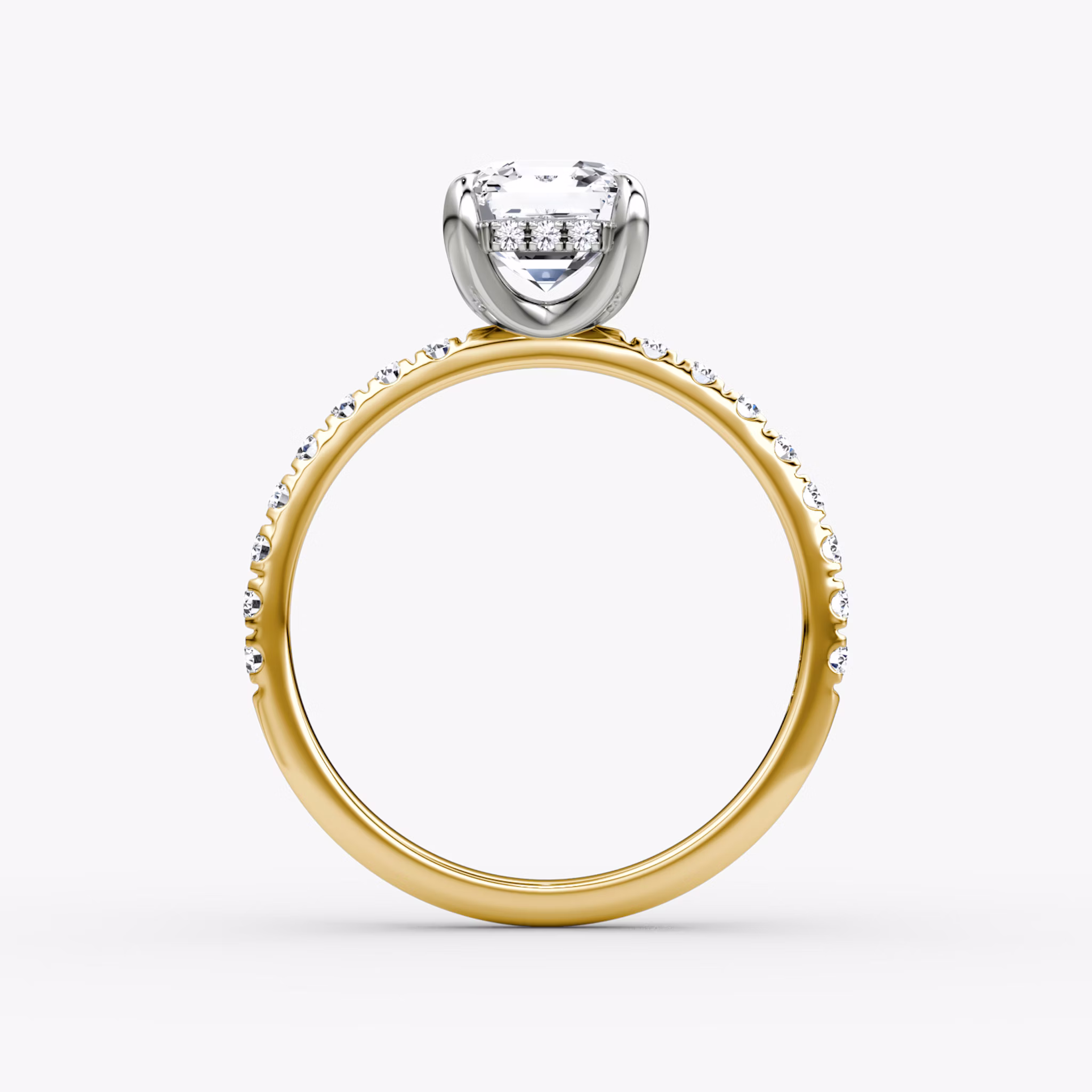 The Classic Hidden Halo | Asscher | 18k | Yellow Gold and Platinum | bandAccent: Pavé | bandWidth: large | prongStyle: Plain | diamondOrientation: vertical | caratWeight: other