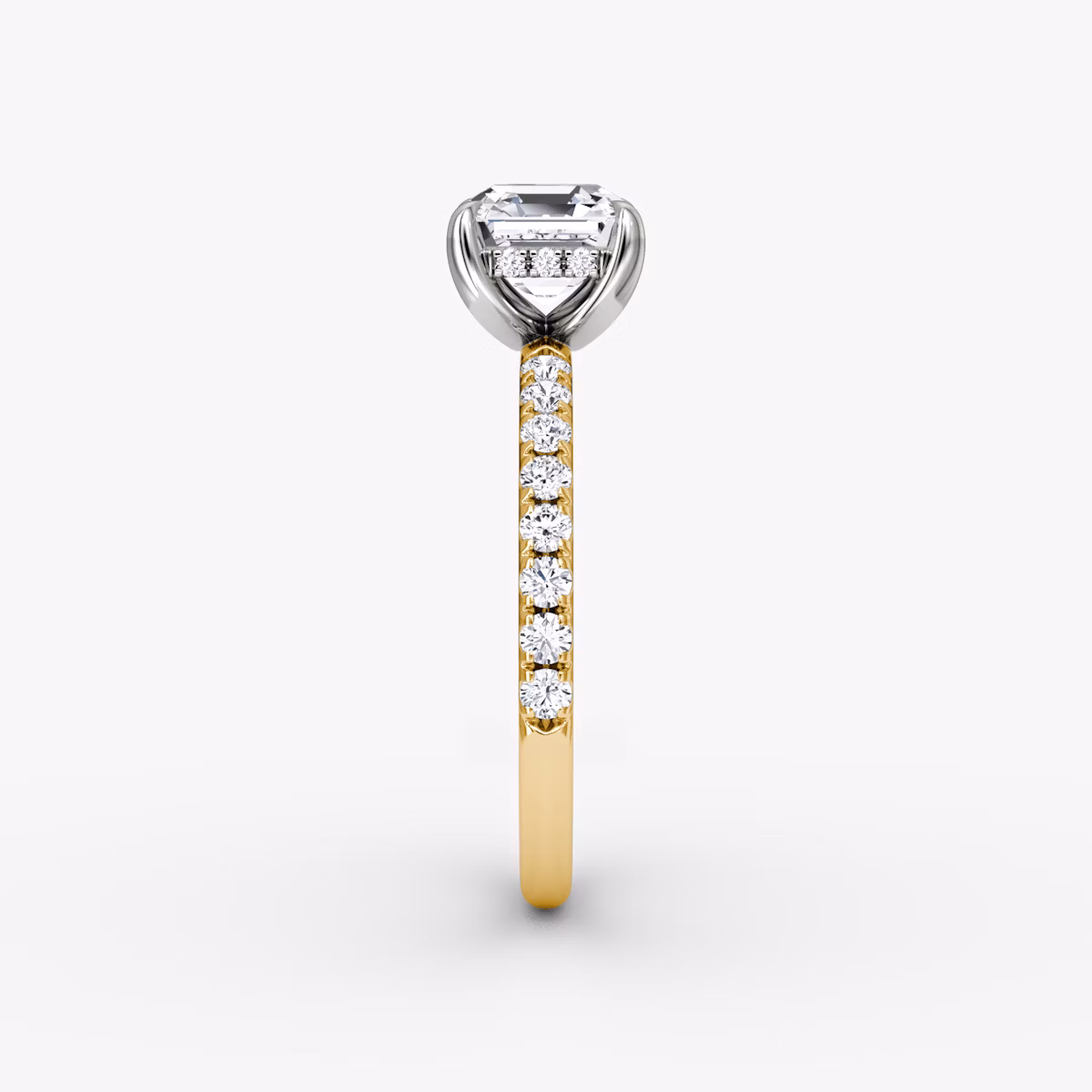The Classic Hidden Halo | Asscher | 18k | Yellow Gold and Platinum | bandAccent: Pavé | bandWidth: large | prongStyle: Plain | diamondOrientation: vertical | caratWeight: other
