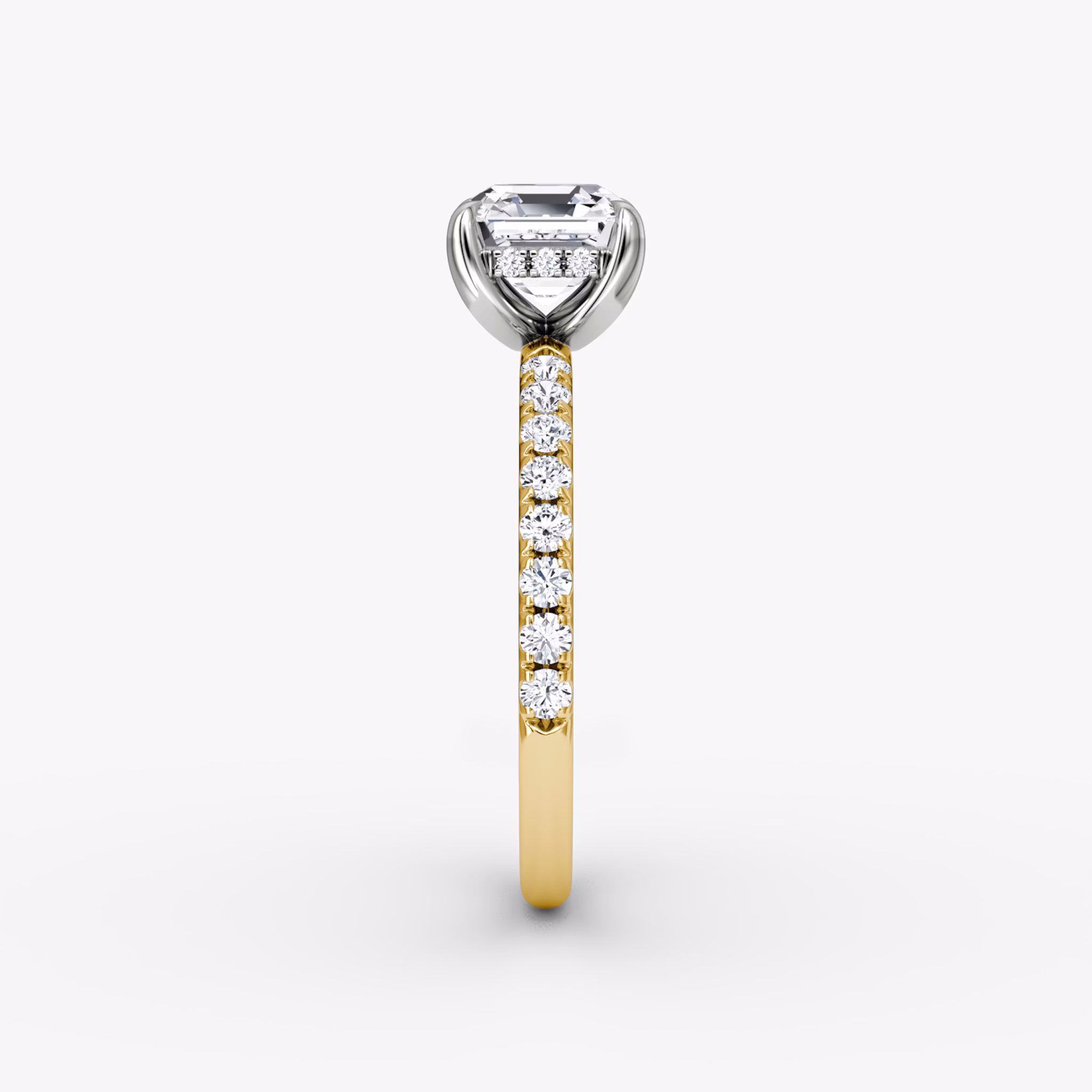 The Classic Hidden Halo | Asscher | 18k | Yellow Gold and Platinum | bandAccent: Pavé | bandWidth: large | prongStyle: Plain | diamondOrientation: vertical | caratWeight: other