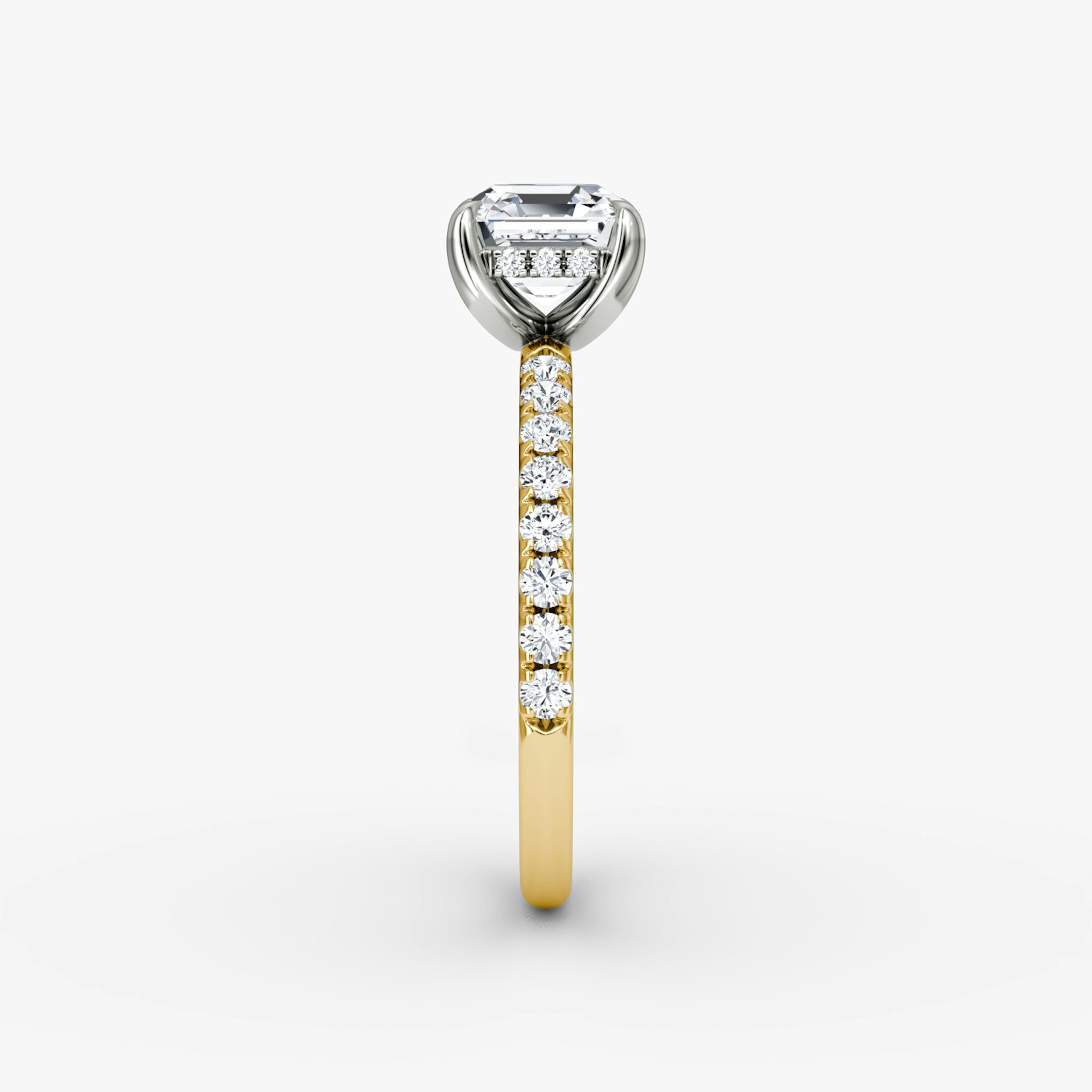 The Classic Hidden Halo | Asscher | 18k | Yellow Gold and Platinum | bandAccent: Pavé | bandWidth: large | prongStyle: Plain | diamondOrientation: vertical | caratWeight: other