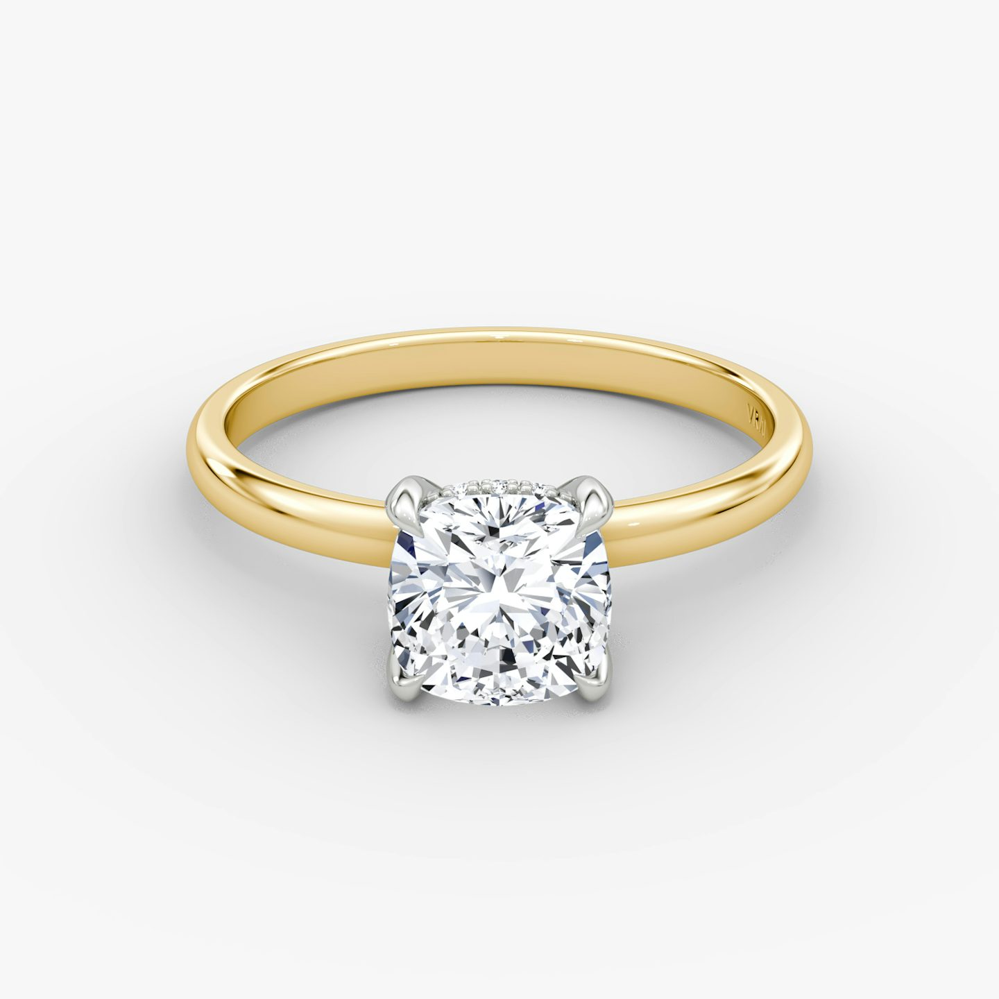 The Classic Hidden Halo | Cushion | 18k | Yellow Gold and Platinum | bandAccent: Plain | bandWidth: large | prongStyle: Plain | diamondOrientation: vertical | caratWeight: other