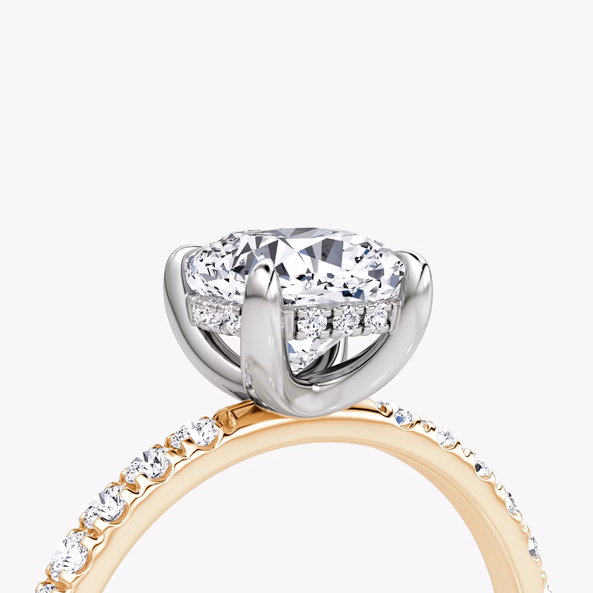 The Classic Hidden Halo | Cushion | 14k | Rose Gold and Platinum | bandAccent: Pavé | bandWidth: large | prongStyle: Plain | diamondOrientation: vertical | caratWeight: other
