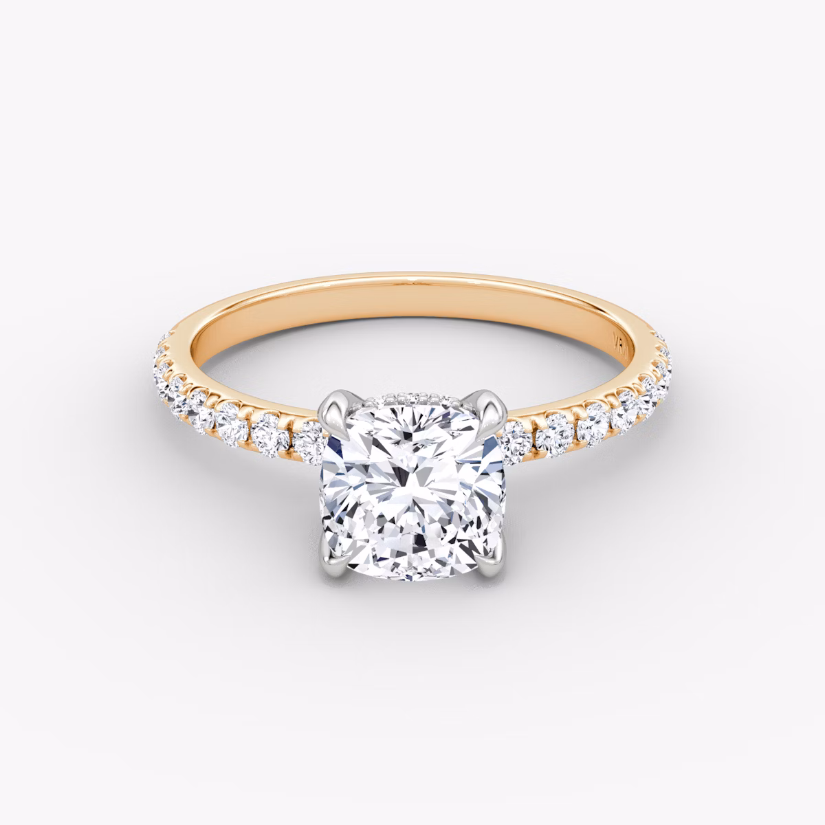 The Classic Hidden Halo | Cushion | 14k | Rose Gold and Platinum | bandAccent: Pavé | bandWidth: large | prongStyle: Plain | diamondOrientation: vertical | caratWeight: other