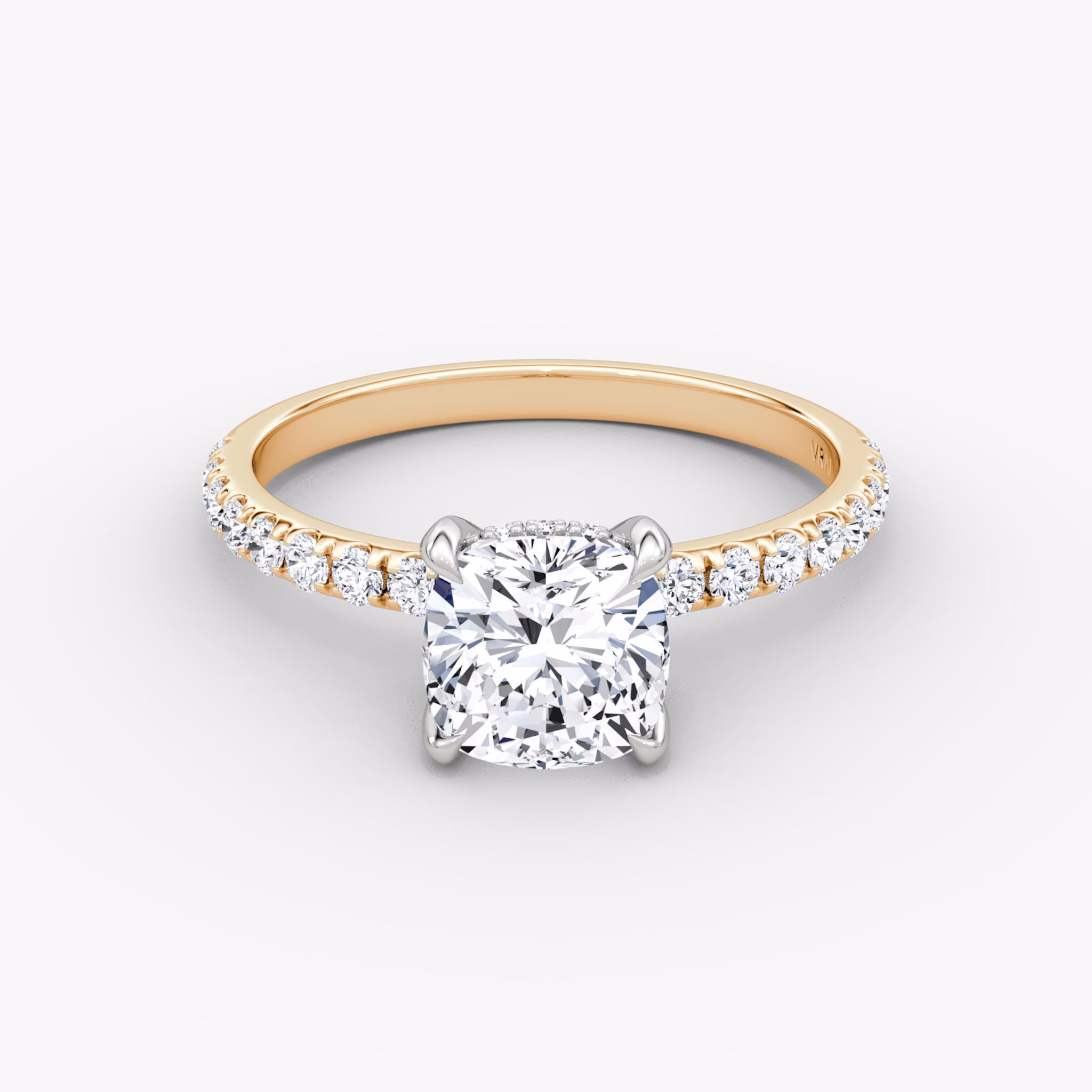 The Classic Hidden Halo | Cushion | 14k | Rose Gold and Platinum | bandAccent: Pavé | bandWidth: large | prongStyle: Plain | diamondOrientation: vertical | caratWeight: other