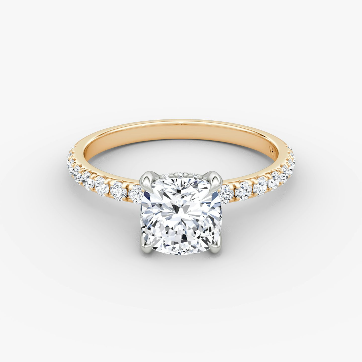 The Classic Hidden Halo | Cushion | 14k | Rose Gold and Platinum | bandAccent: Pavé | bandWidth: large | prongStyle: Plain | diamondOrientation: vertical | caratWeight: other