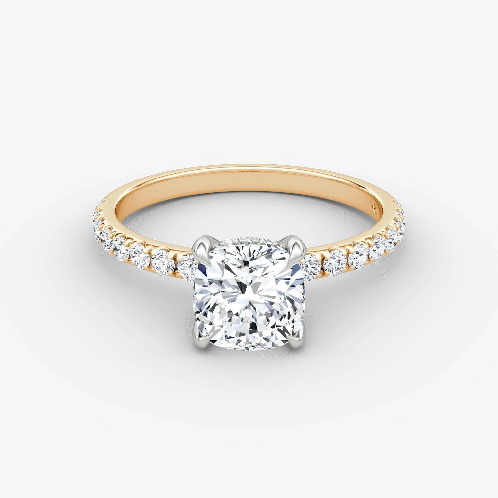 The Classic Hidden Halo | Cushion | 14k | Rose Gold and Platinum | bandAccent: Pavé | bandWidth: large | prongStyle: Plain | diamondOrientation: vertical | caratWeight: other