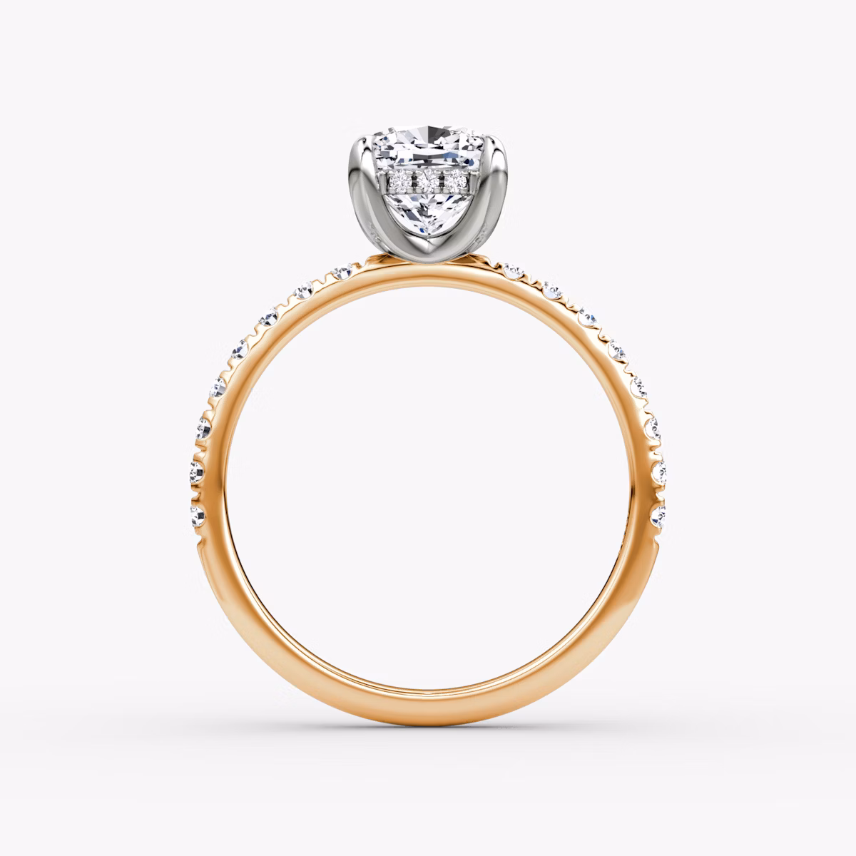The Classic Hidden Halo | Cushion | 14k | Rose Gold and Platinum | bandAccent: Pavé | bandWidth: large | prongStyle: Plain | diamondOrientation: vertical | caratWeight: other