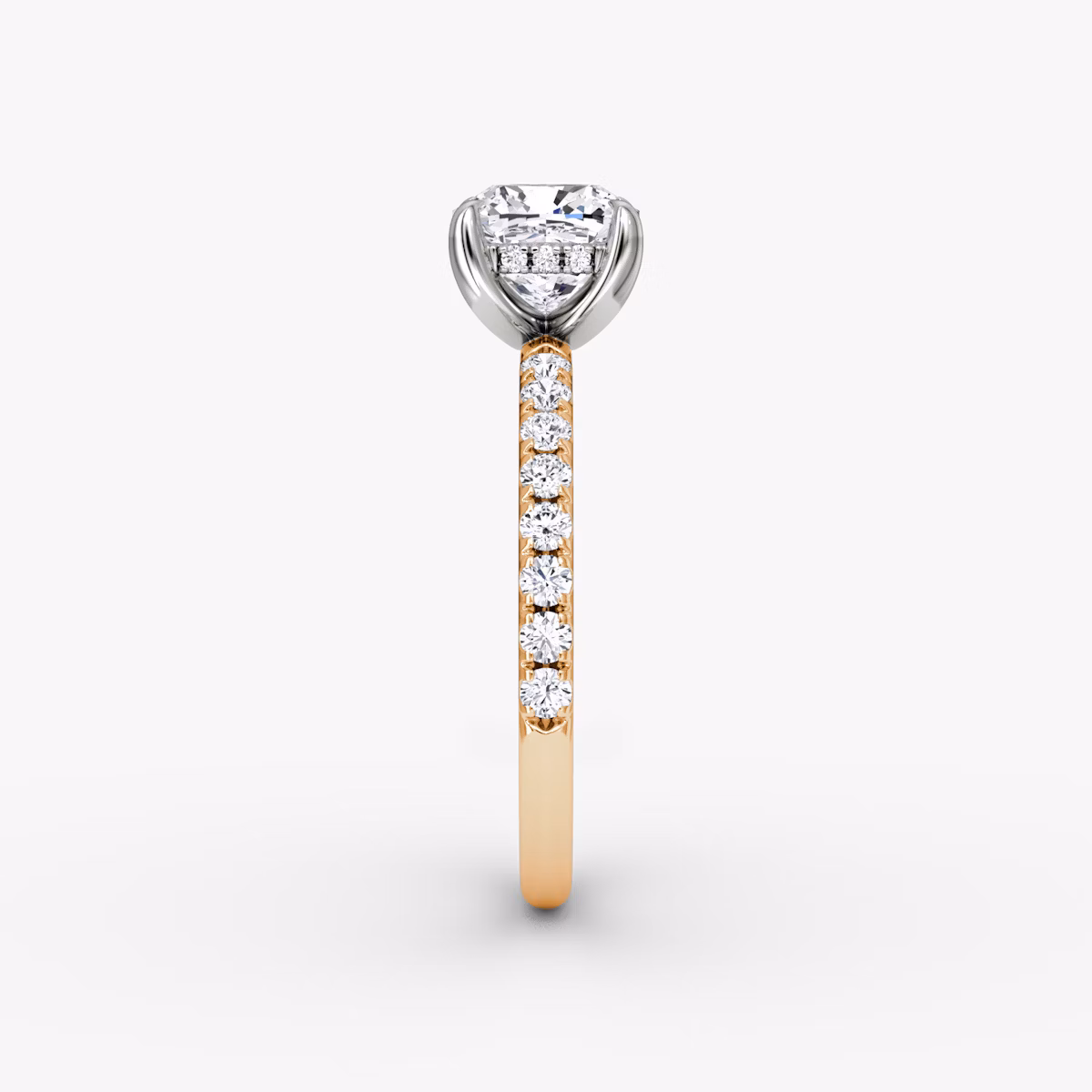 The Classic Hidden Halo | Cushion | 14k | Rose Gold and Platinum | bandAccent: Pavé | bandWidth: large | prongStyle: Plain | diamondOrientation: vertical | caratWeight: other