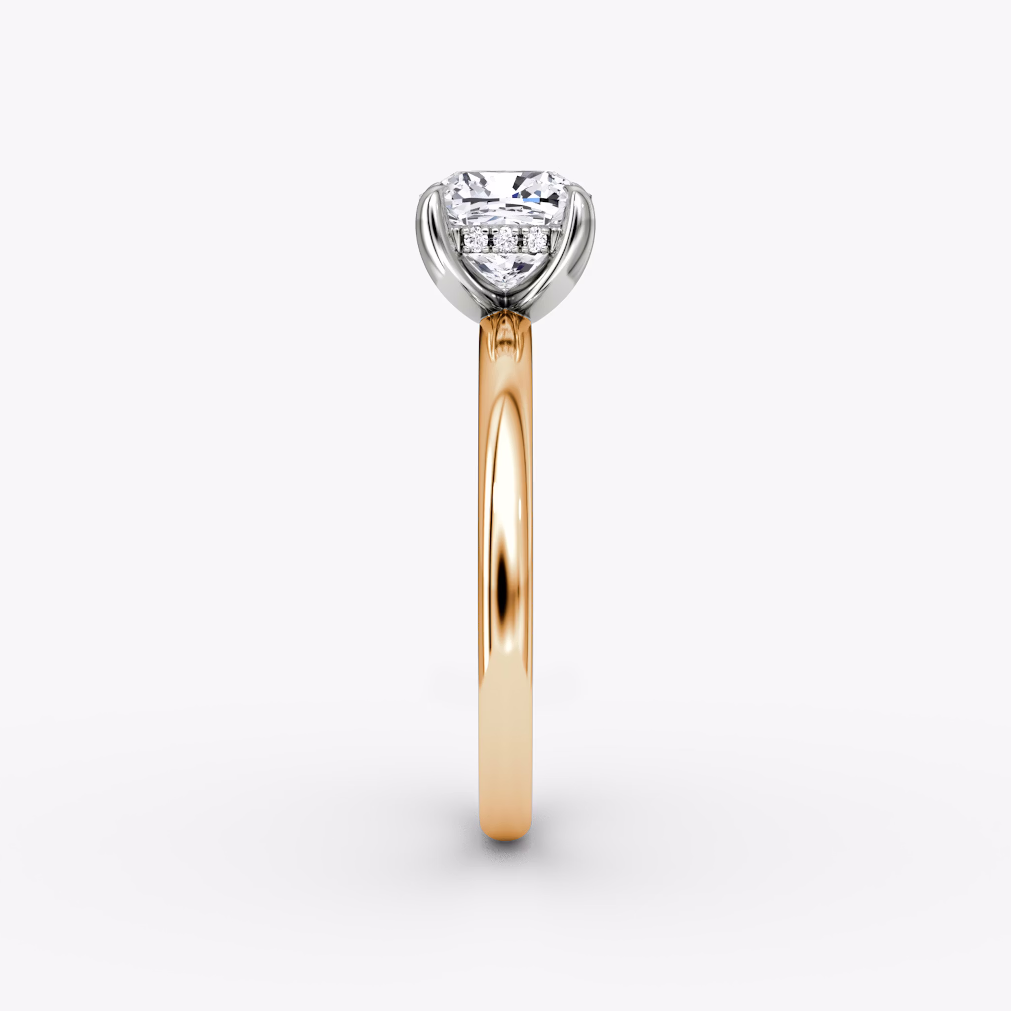 The Classic Hidden Halo | Cushion | 14k | Rose Gold and Platinum | bandAccent: Plain | bandWidth: large | prongStyle: Plain | diamondOrientation: vertical | caratWeight: other