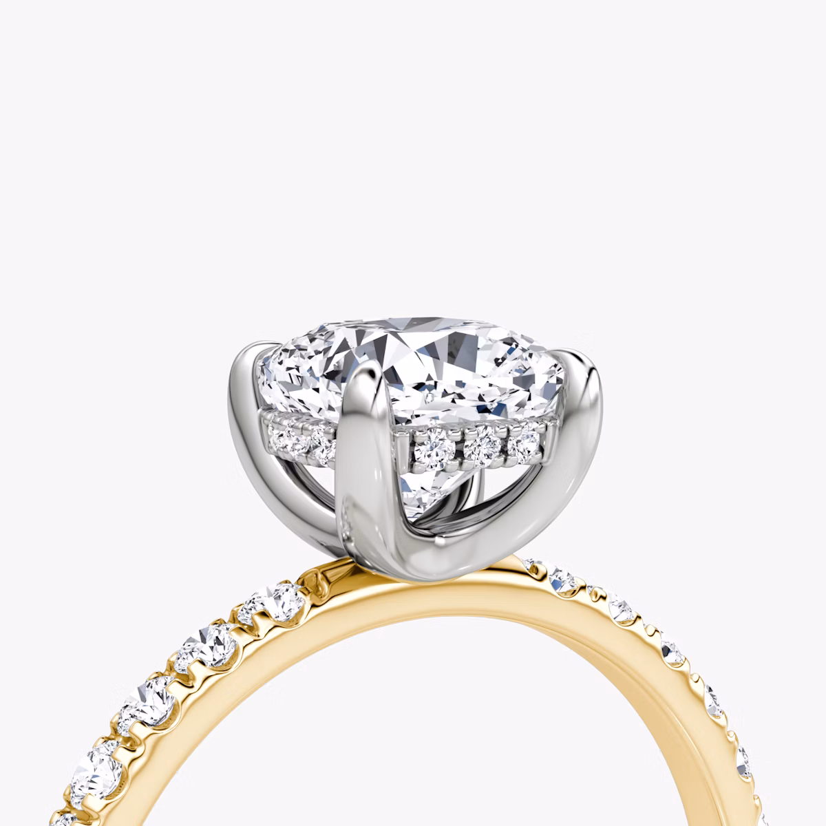 The Classic Hidden Halo | Cushion | 18k | Yellow Gold and Platinum | bandAccent: Pavé | bandWidth: large | prongStyle: Plain | diamondOrientation: vertical | caratWeight: other