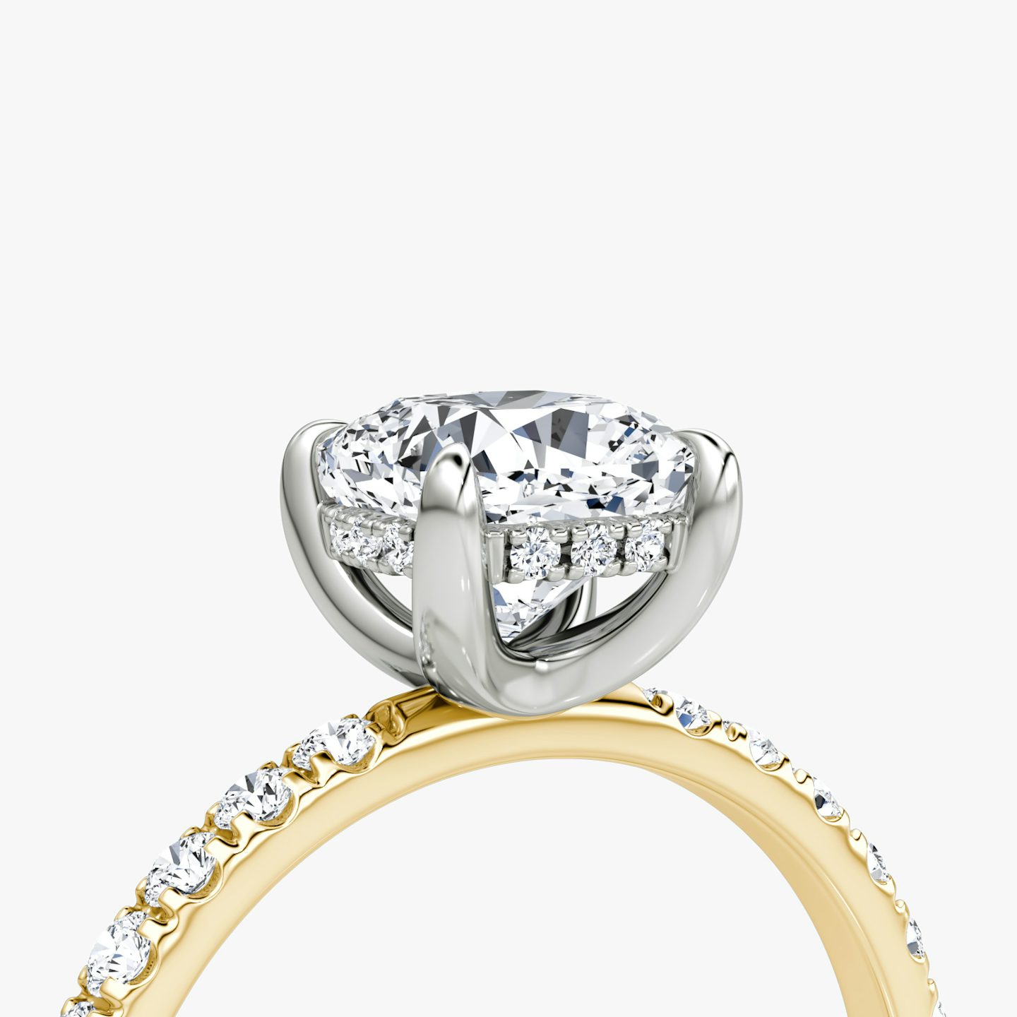 The Classic Hidden Halo | Cushion | 18k | Yellow Gold and Platinum | bandAccent: Pavé | bandWidth: large | prongStyle: Plain | diamondOrientation: vertical | caratWeight: other