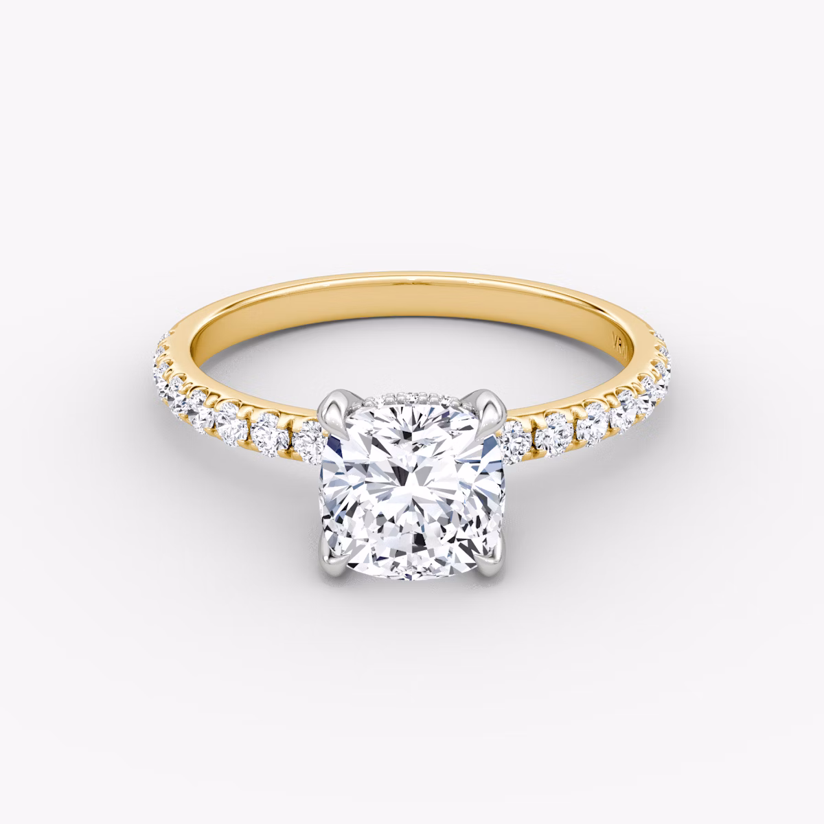 The Classic Hidden Halo | Cushion | 18k | Yellow Gold and Platinum | bandAccent: Pavé | bandWidth: large | prongStyle: Plain | diamondOrientation: vertical | caratWeight: other