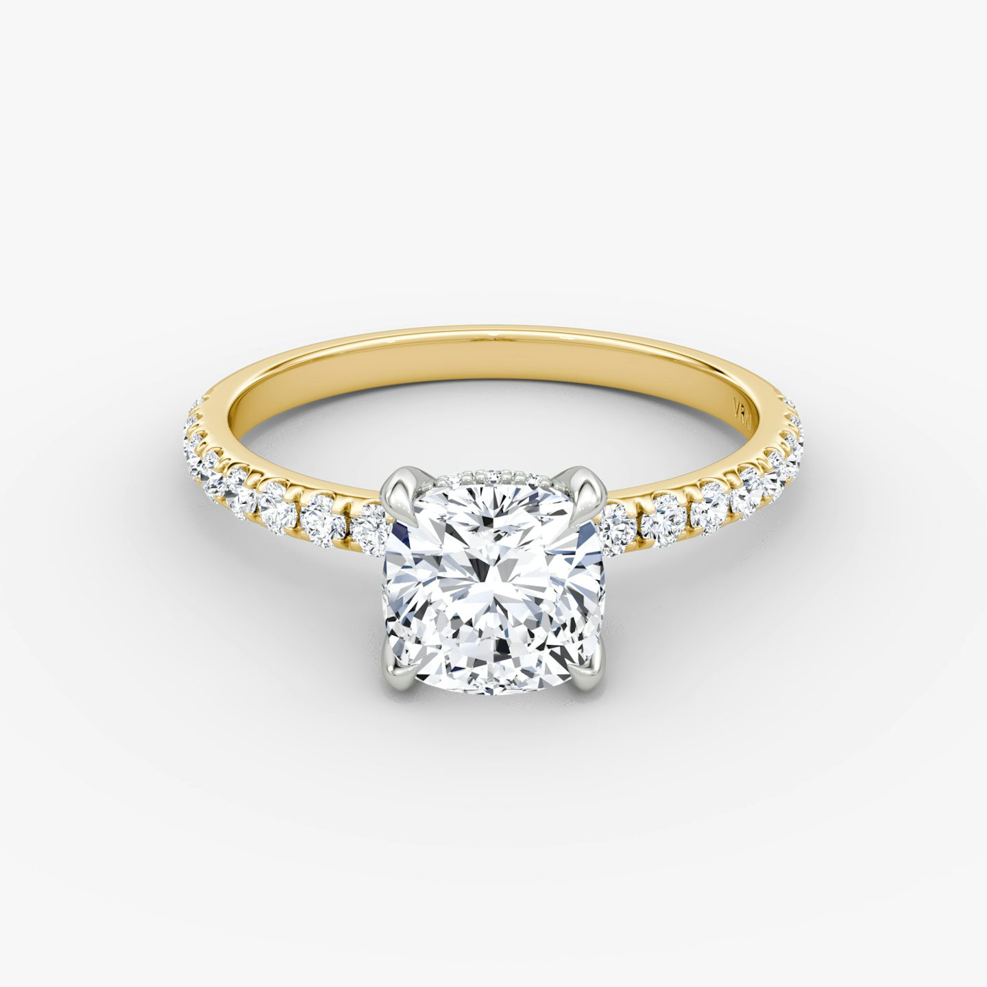 The Classic Hidden Halo | Cushion | 18k | Yellow Gold and Platinum | bandAccent: Pavé | bandWidth: large | prongStyle: Plain | diamondOrientation: vertical | caratWeight: other