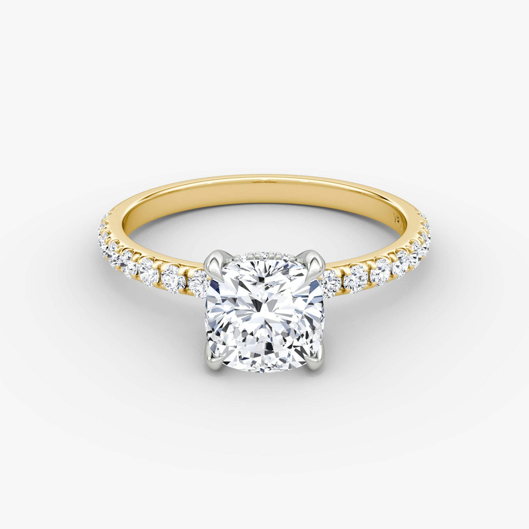 The Classic Hidden Halo | Cushion | 18k | Yellow Gold and Platinum | bandAccent: Pavé | bandWidth: large | prongStyle: Plain | diamondOrientation: vertical | caratWeight: other
