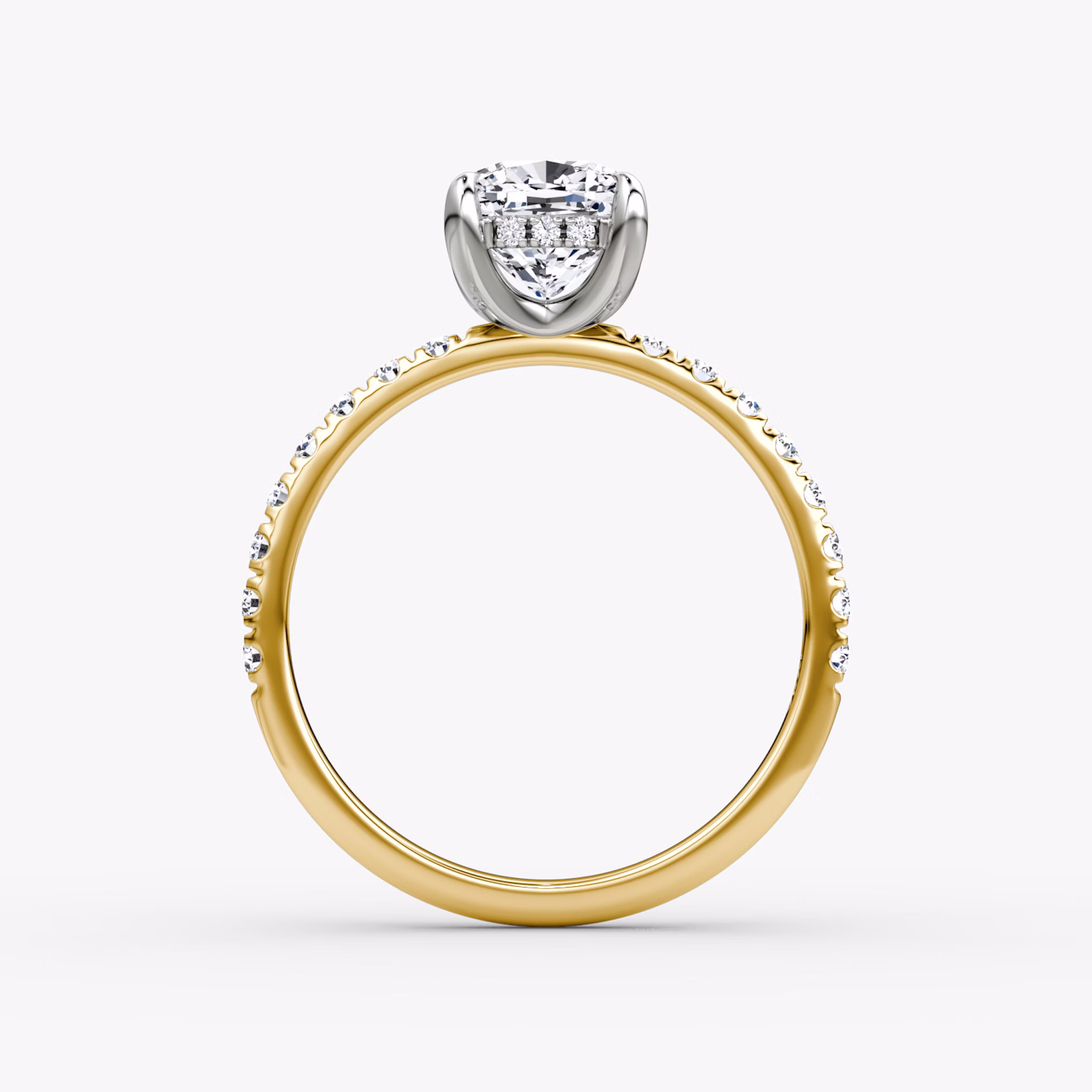 The Classic Hidden Halo | Cushion | 18k | Yellow Gold and Platinum | bandAccent: Pavé | bandWidth: large | prongStyle: Plain | diamondOrientation: vertical | caratWeight: other