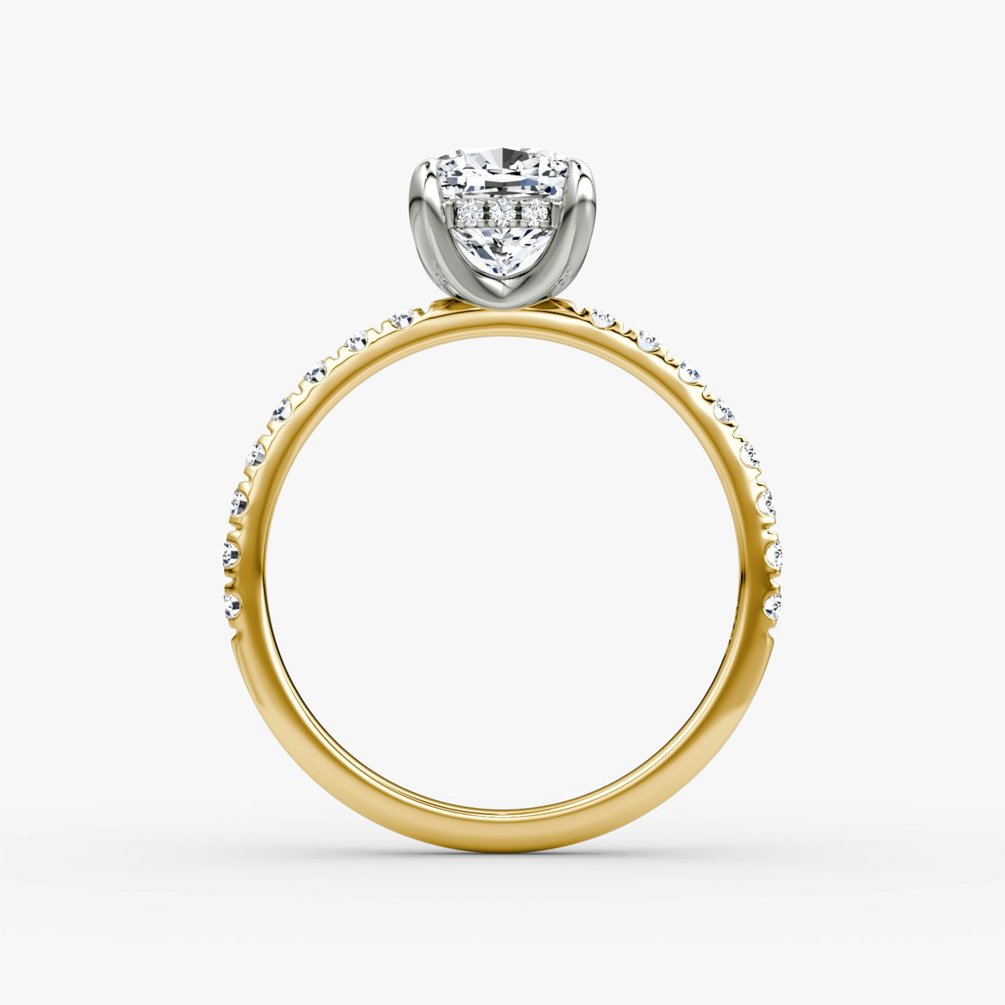 The Classic Hidden Halo | Cushion | 18k | Yellow Gold and Platinum | bandAccent: Pavé | bandWidth: large | prongStyle: Plain | diamondOrientation: vertical | caratWeight: other