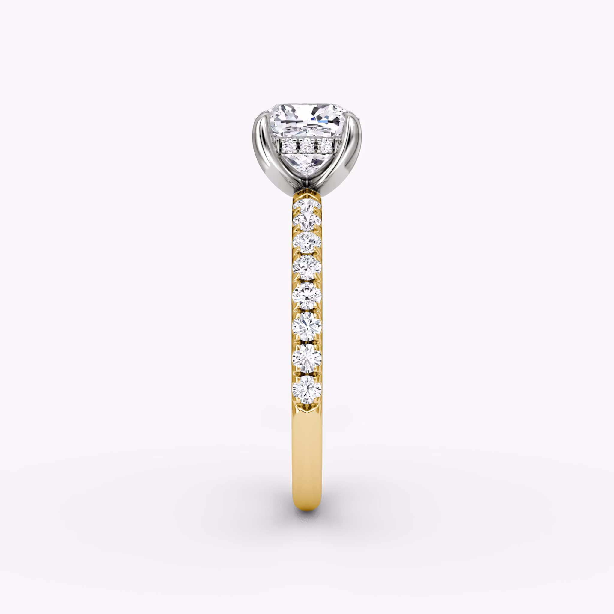 The Classic Hidden Halo | Cushion | 18k | Yellow Gold and Platinum | bandAccent: Pavé | bandWidth: large | prongStyle: Plain | diamondOrientation: vertical | caratWeight: other