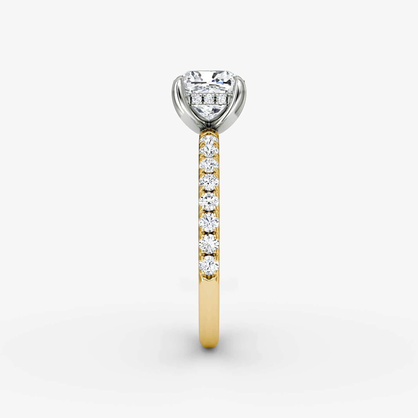 The Classic Hidden Halo | Cushion | 18k | Yellow Gold and Platinum | bandAccent: Pavé | bandWidth: large | prongStyle: Plain | diamondOrientation: vertical | caratWeight: other