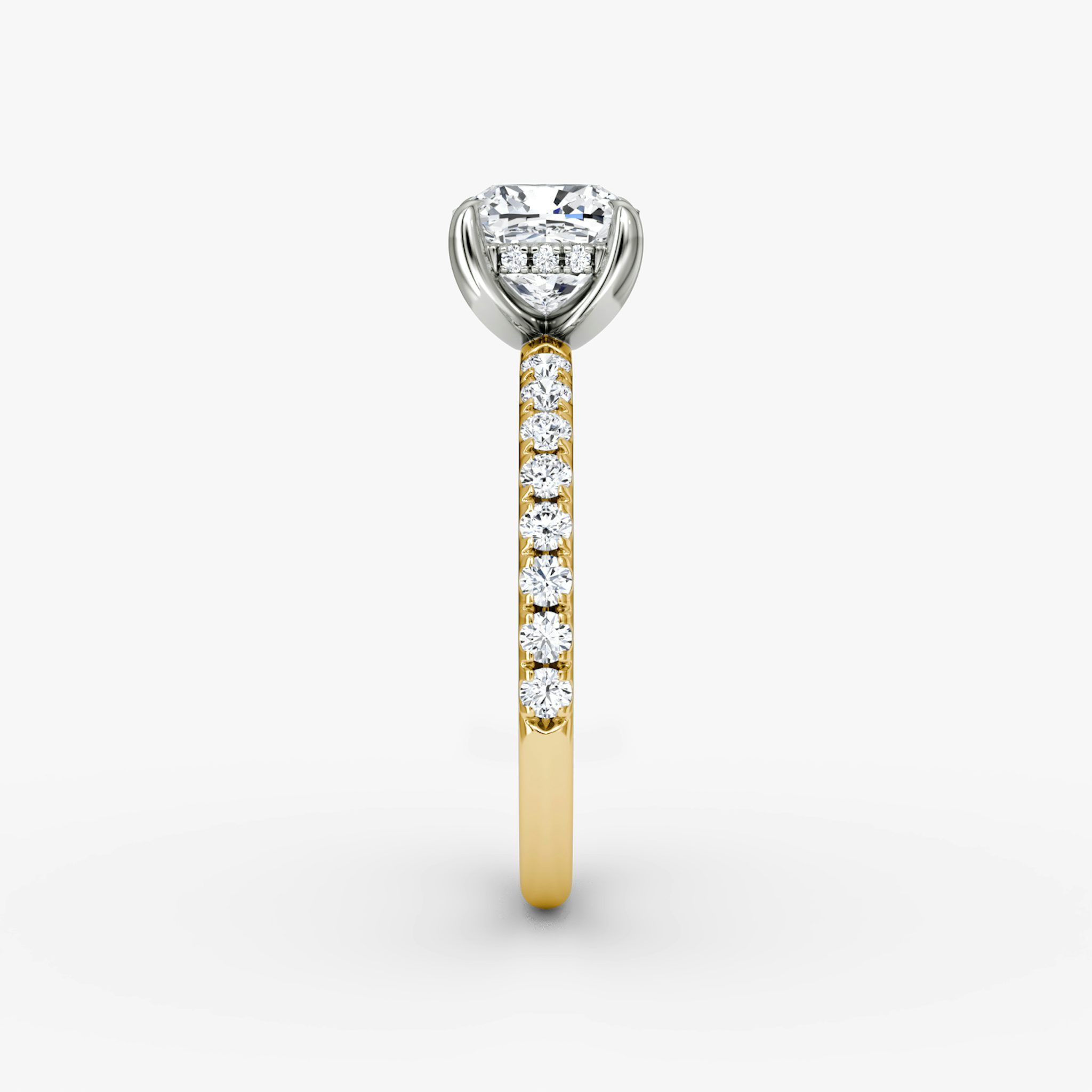 The Classic Hidden Halo | Cushion | 18k | Yellow Gold and Platinum | bandAccent: Pavé | bandWidth: large | prongStyle: Plain | diamondOrientation: vertical | caratWeight: other