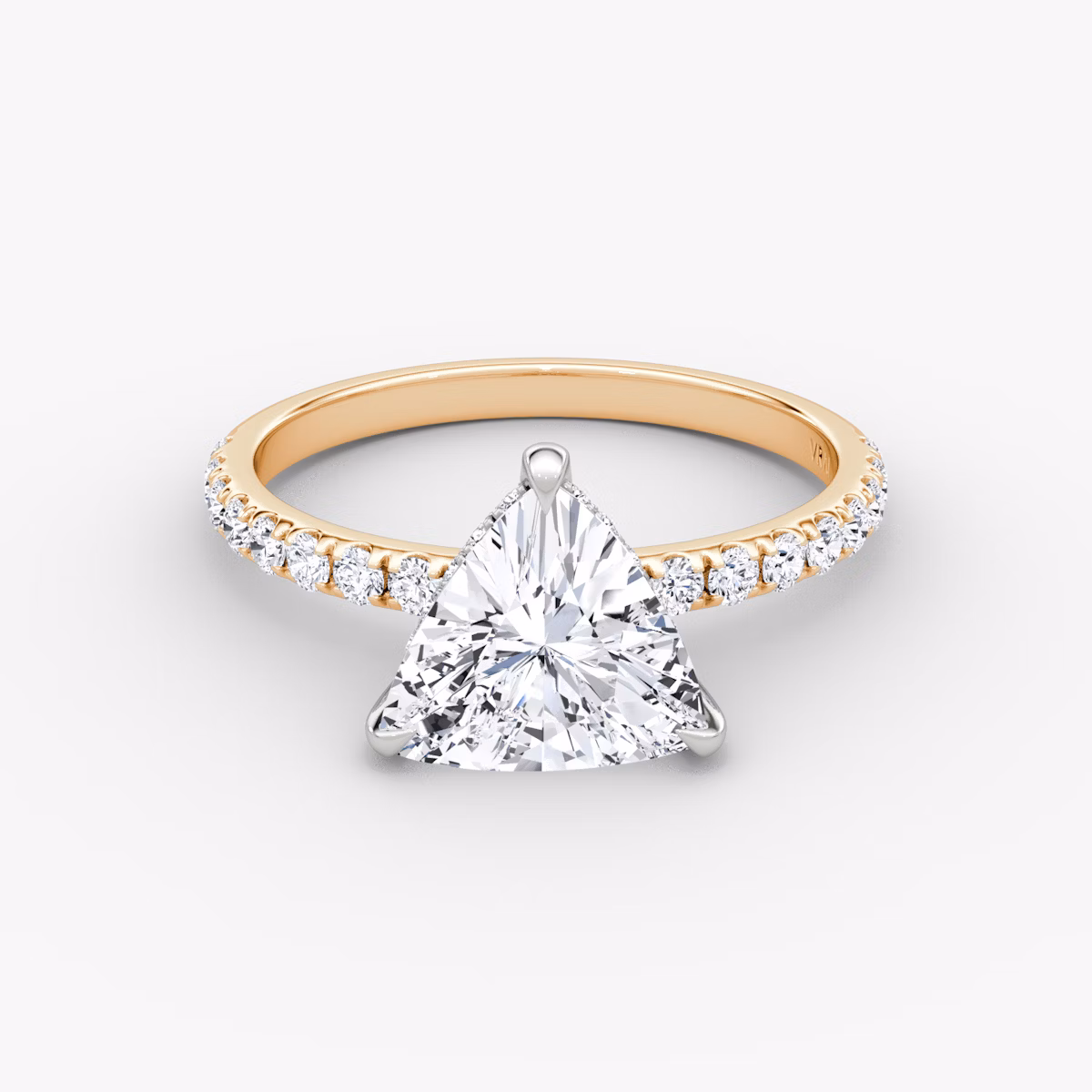 The Classic Hidden Halo | Trillion | 14k | Rose Gold and Platinum | bandAccent: Pavé | bandWidth: large | prongStyle: Plain | diamondOrientation: vertical | caratWeight: other