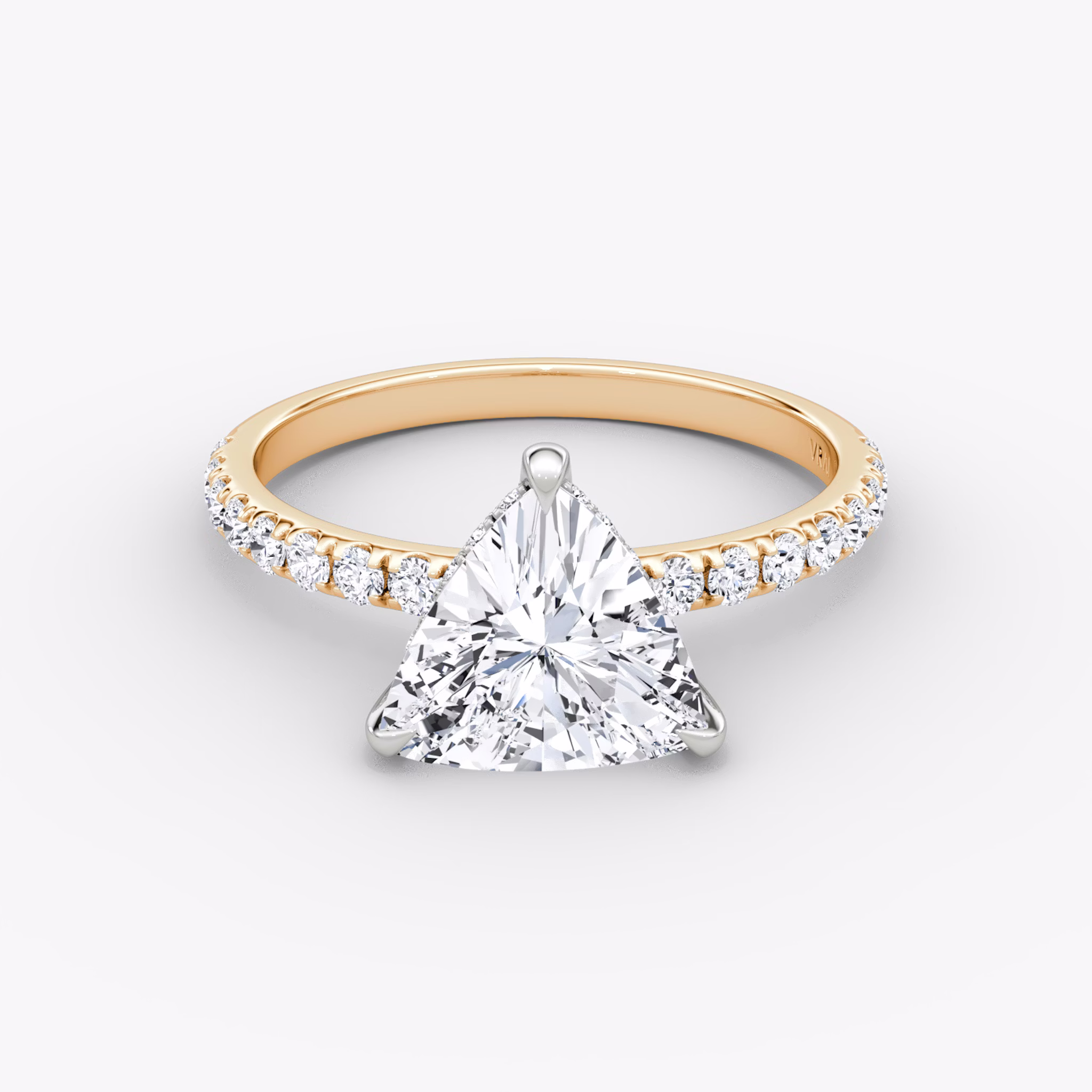 The Classic Hidden Halo | Trillion | 14k | Rose Gold and Platinum | bandAccent: Pavé | bandWidth: large | prongStyle: Plain | diamondOrientation: vertical | caratWeight: other