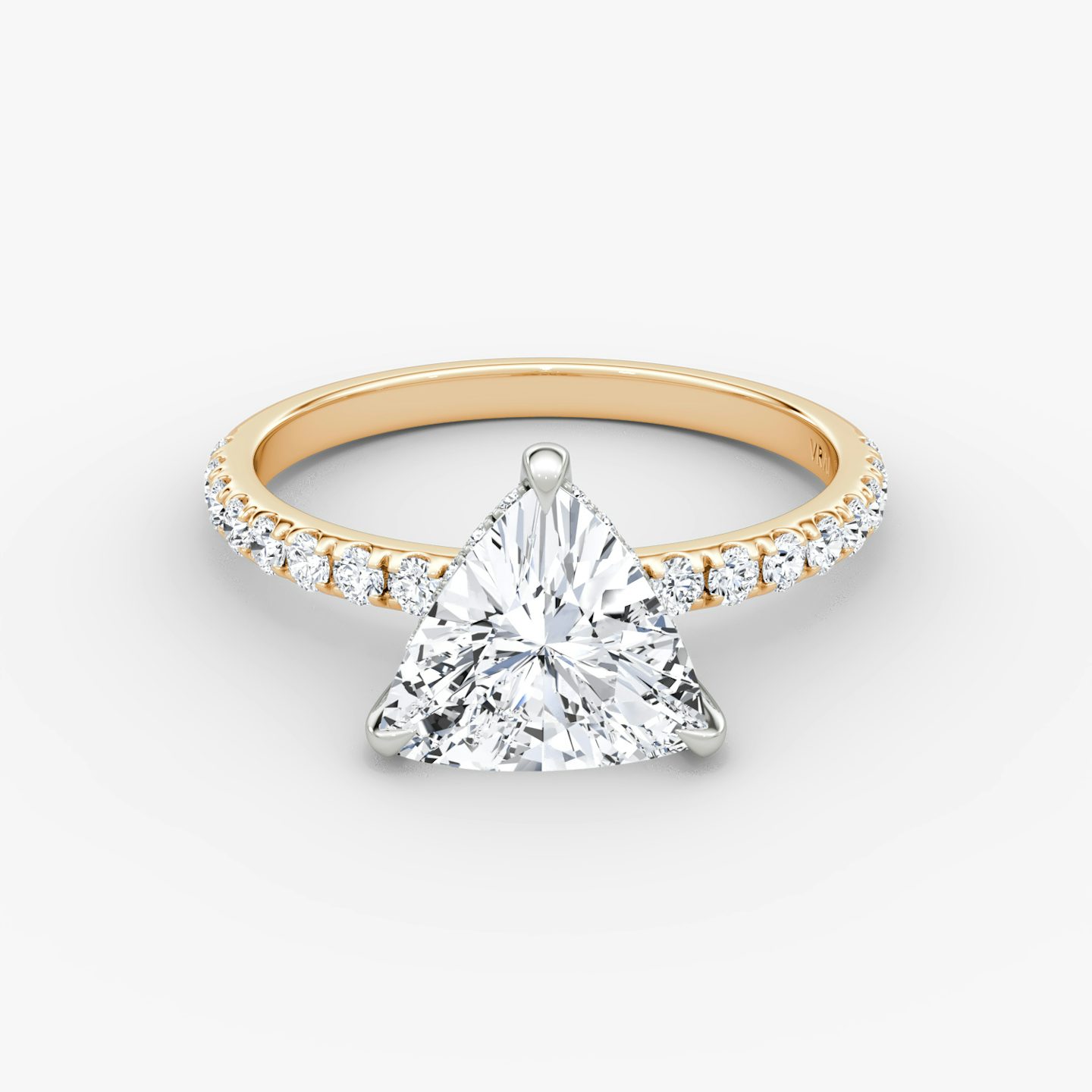 The Classic Hidden Halo | Trillion | 14k | Rose Gold and Platinum | bandAccent: Pavé | bandWidth: large | prongStyle: Plain | diamondOrientation: vertical | caratWeight: other
