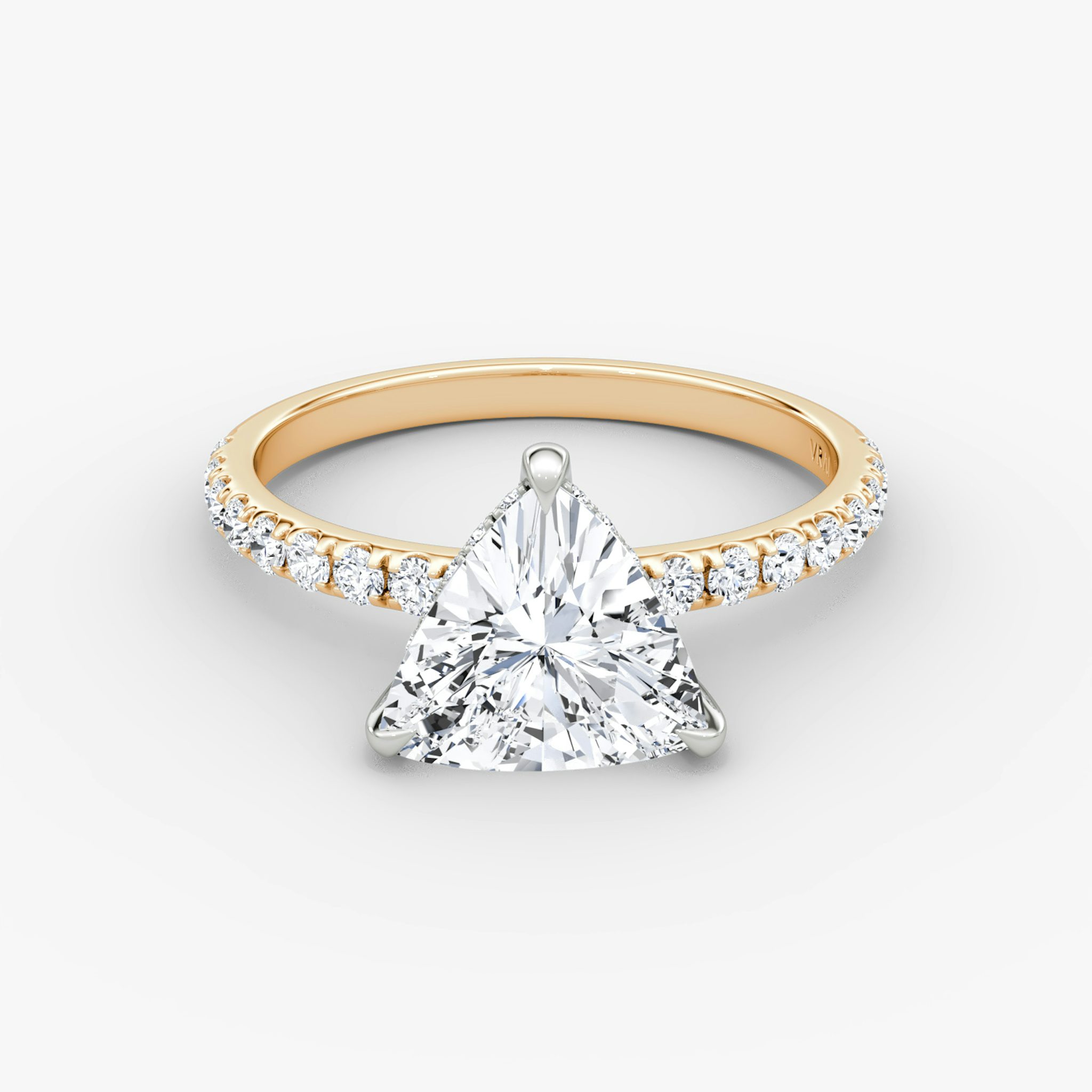 The Classic Hidden Halo | Trillion | 14k | Rose Gold and Platinum | bandAccent: Pavé | bandWidth: large | prongStyle: Plain | diamondOrientation: vertical | caratWeight: other