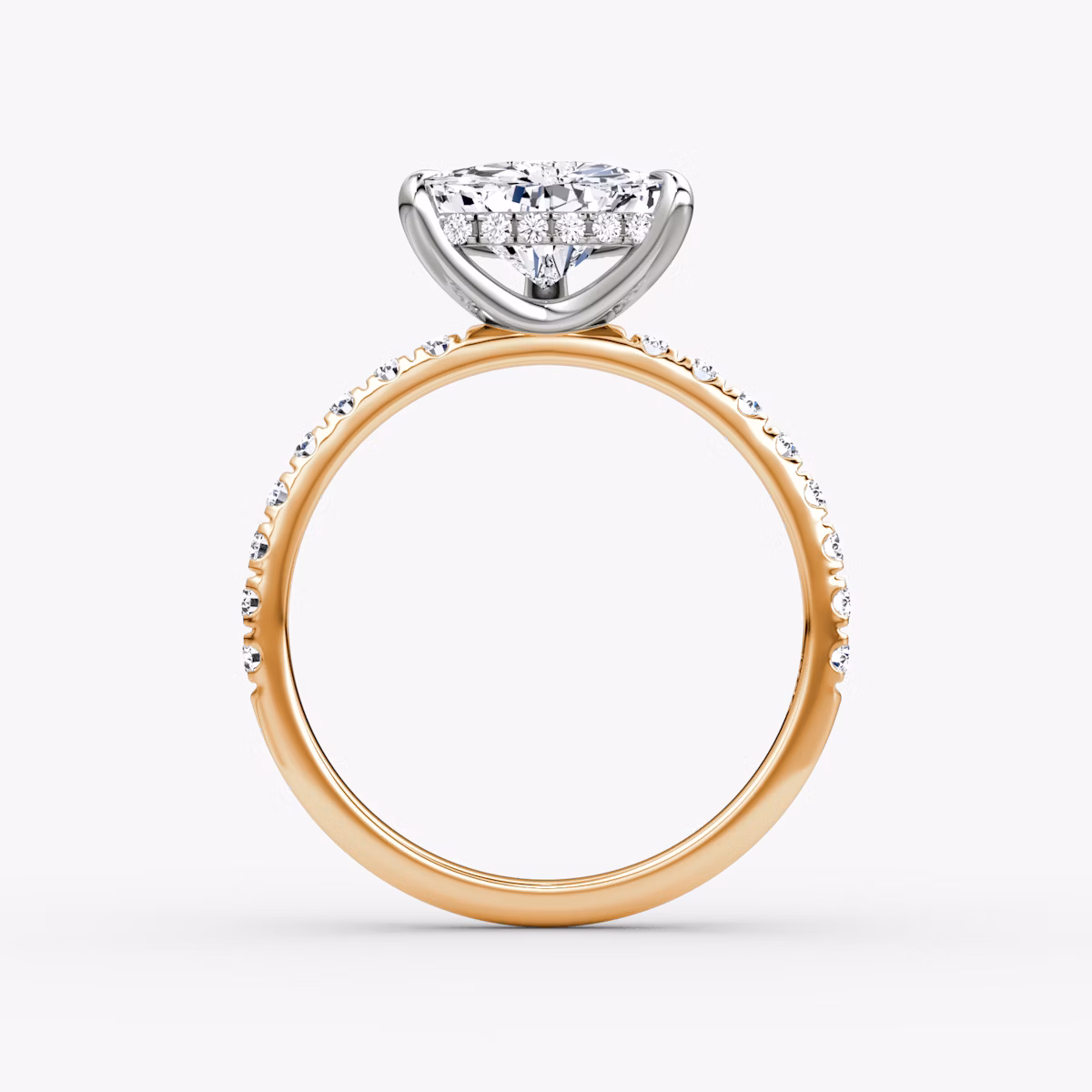 The Classic Hidden Halo | Trillion | 14k | Rose Gold and Platinum | bandAccent: Pavé | bandWidth: large | prongStyle: Plain | diamondOrientation: vertical | caratWeight: other