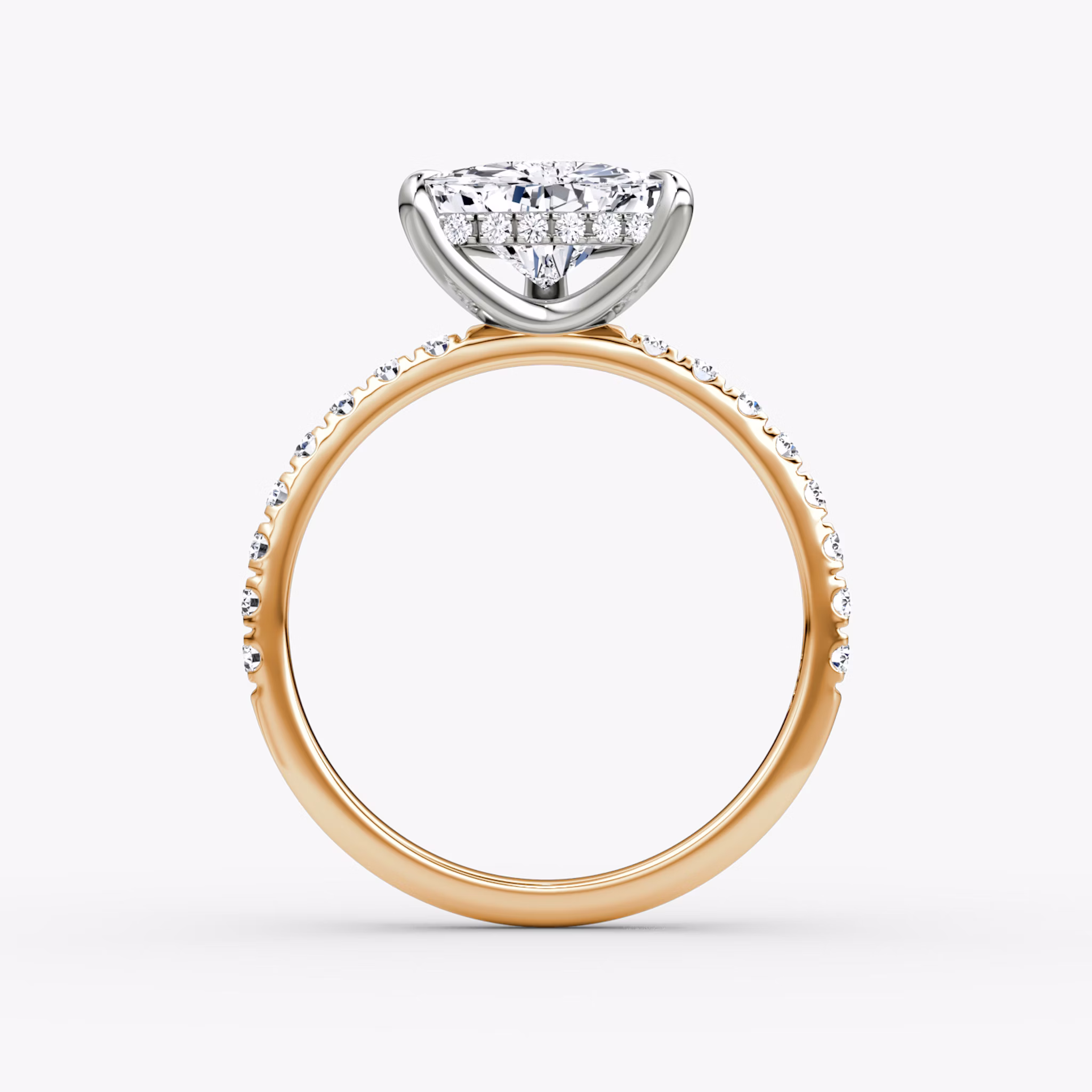 The Classic Hidden Halo | Trillion | 14k | Rose Gold and Platinum | bandAccent: Pavé | bandWidth: large | prongStyle: Plain | diamondOrientation: vertical | caratWeight: other