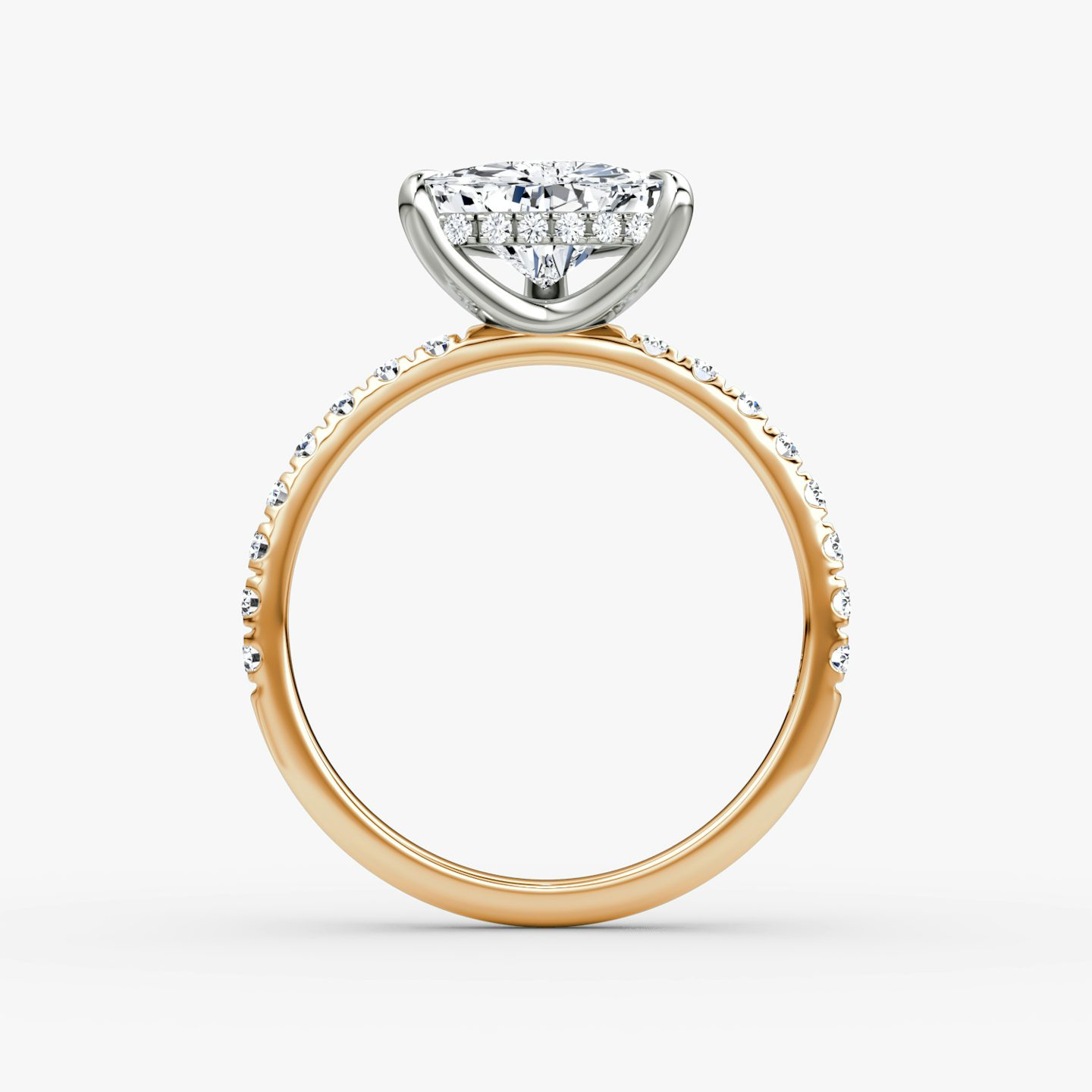 The Classic Hidden Halo | Trillion | 14k | Rose Gold and Platinum | bandAccent: Pavé | bandWidth: large | prongStyle: Plain | diamondOrientation: vertical | caratWeight: other
