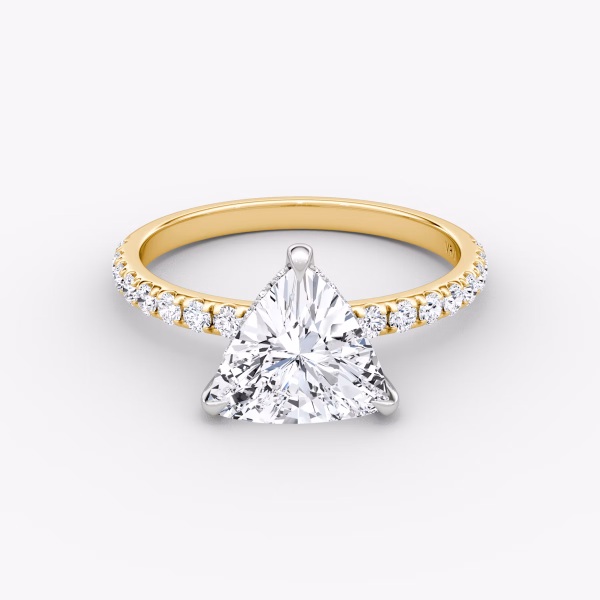 The Classic Hidden Halo | Trillion | 18k | Yellow Gold and Platinum | bandAccent: Pavé | bandWidth: large | prongStyle: Plain | diamondOrientation: vertical | caratWeight: other