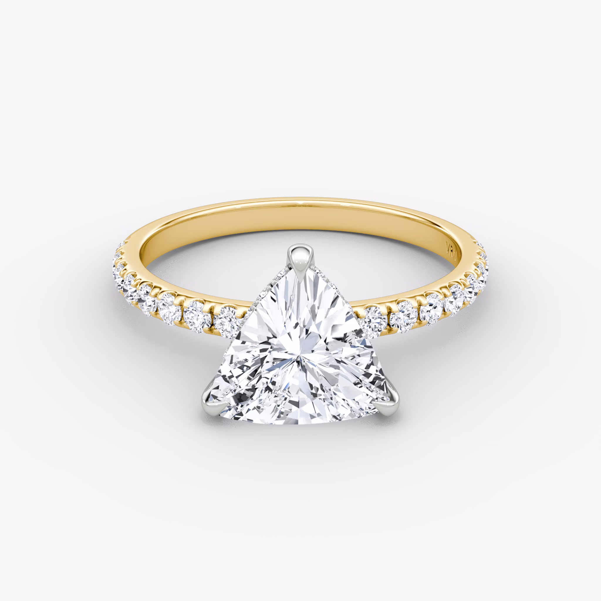 The Classic Hidden Halo | Trillion | 18k | Yellow Gold and Platinum | bandAccent: Pavé | bandWidth: large | prongStyle: Plain | diamondOrientation: vertical | caratWeight: other