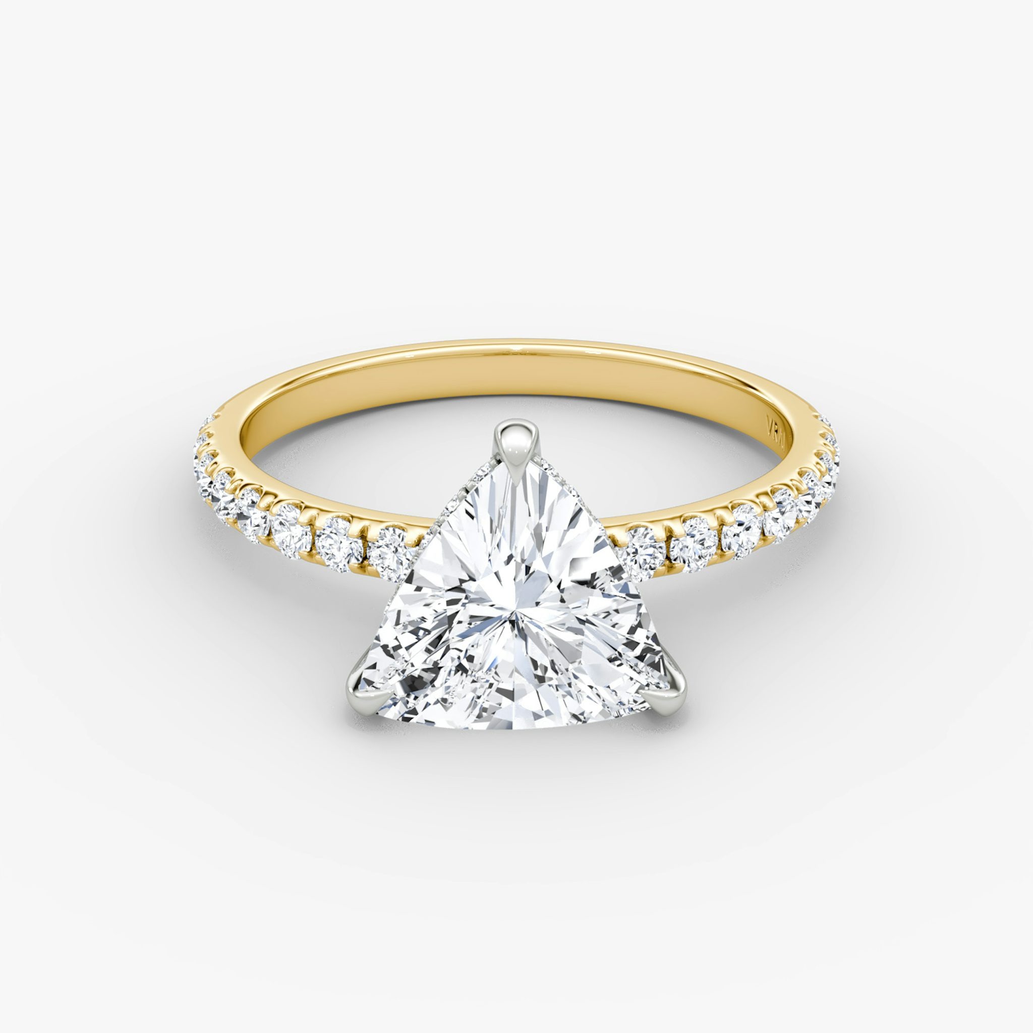 The Classic Hidden Halo | Trillion | 18k | Yellow Gold and Platinum | bandAccent: Pavé | bandWidth: large | prongStyle: Plain | diamondOrientation: vertical | caratWeight: other
