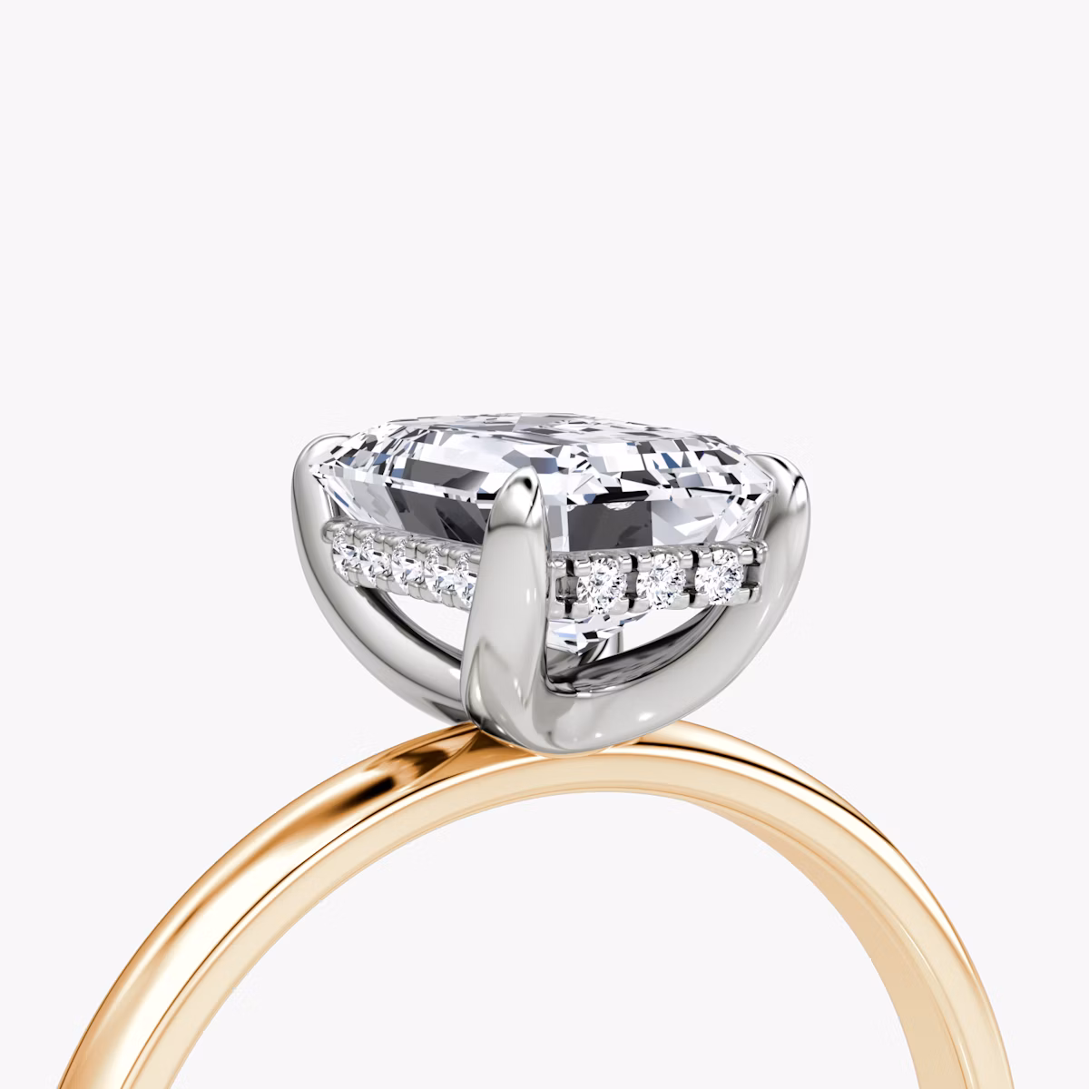 The Classic Hidden Halo | Emerald | 14k | Rose Gold and Platinum | bandAccent: Plain | bandWidth: large | prongStyle: Plain | diamondOrientation: vertical | caratWeight: other