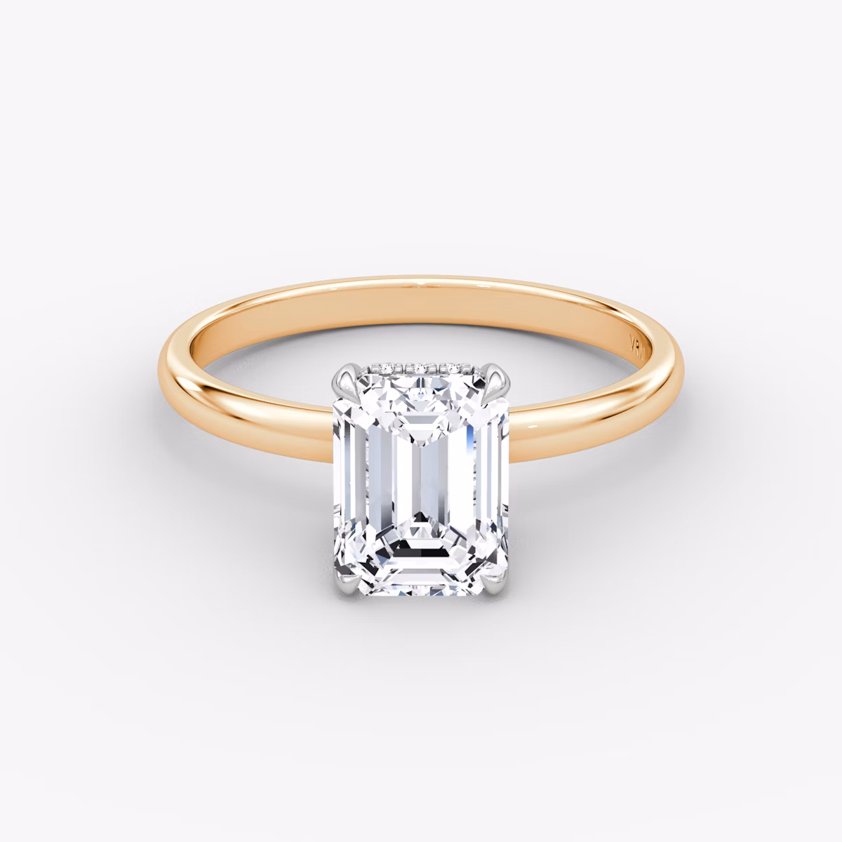The Classic Hidden Halo | Emerald | 14k | Rose Gold and Platinum | bandAccent: Plain | bandWidth: large | prongStyle: Plain | diamondOrientation: vertical | caratWeight: other