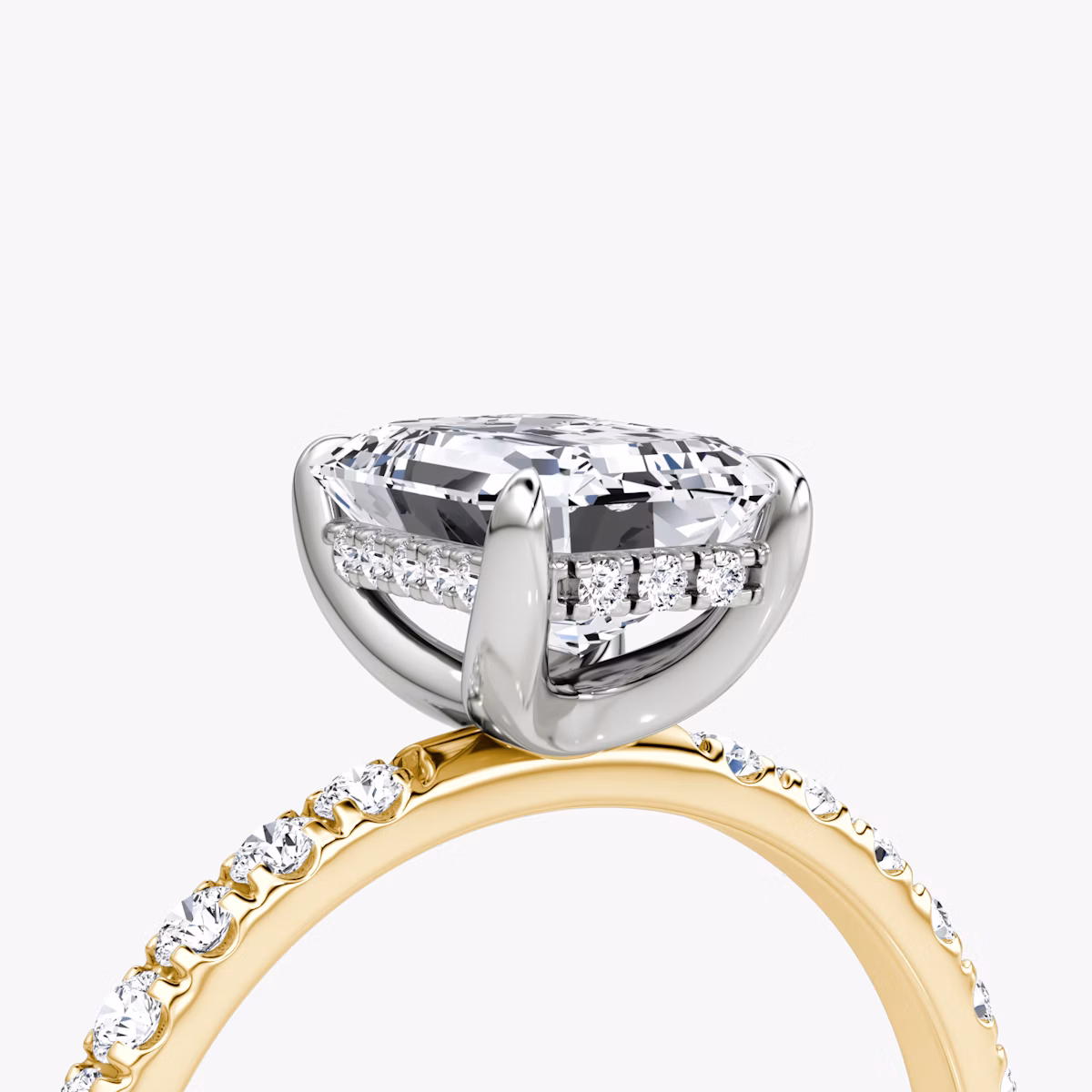 The Classic Hidden Halo | Emerald | 18k | Yellow Gold and Platinum | bandAccent: Pavé | bandWidth: large | prongStyle: Plain | diamondOrientation: vertical | caratWeight: other