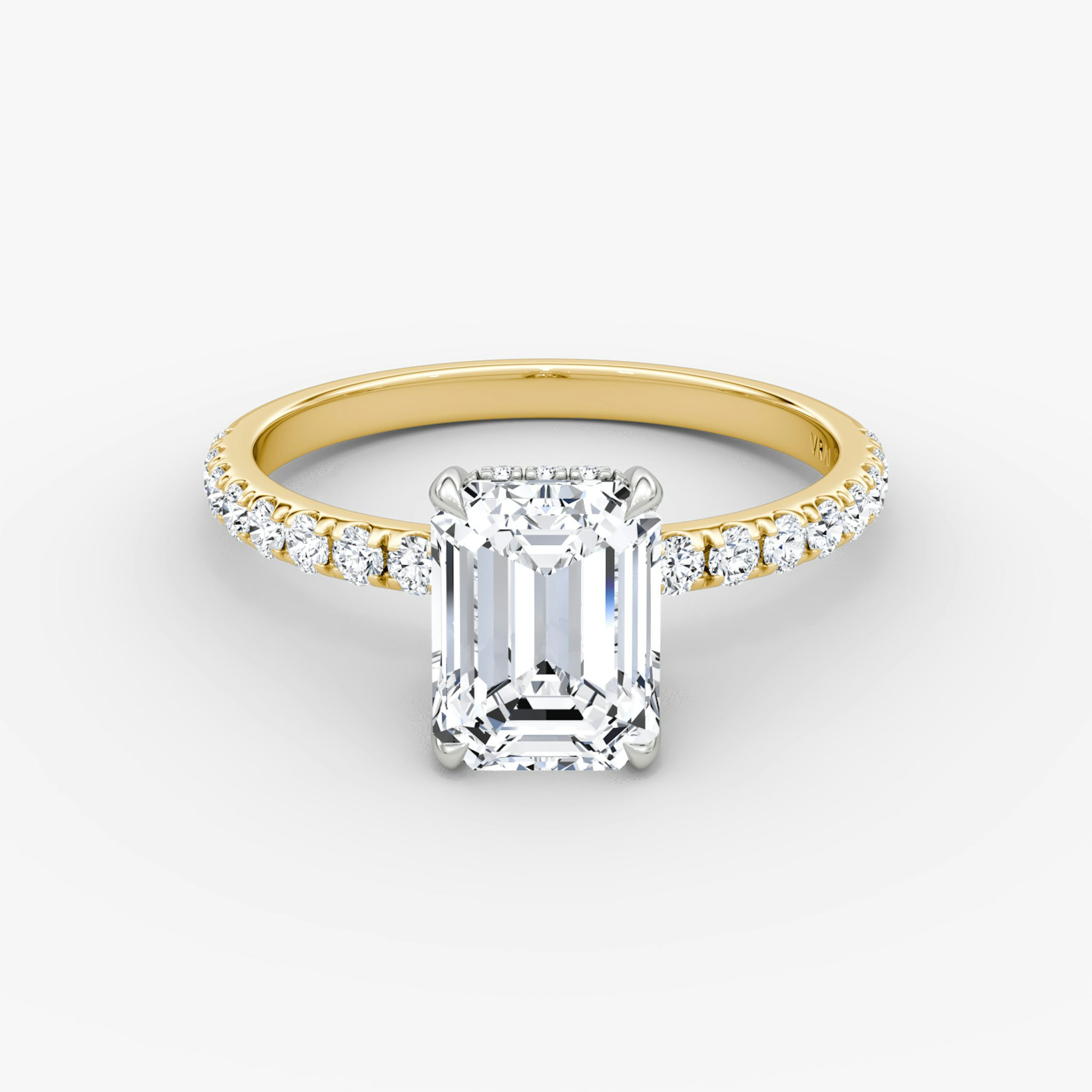The Classic Hidden Halo | Emerald | 18k | Yellow Gold and Platinum | bandAccent: Pavé | bandWidth: large | prongStyle: Plain | diamondOrientation: vertical | caratWeight: other