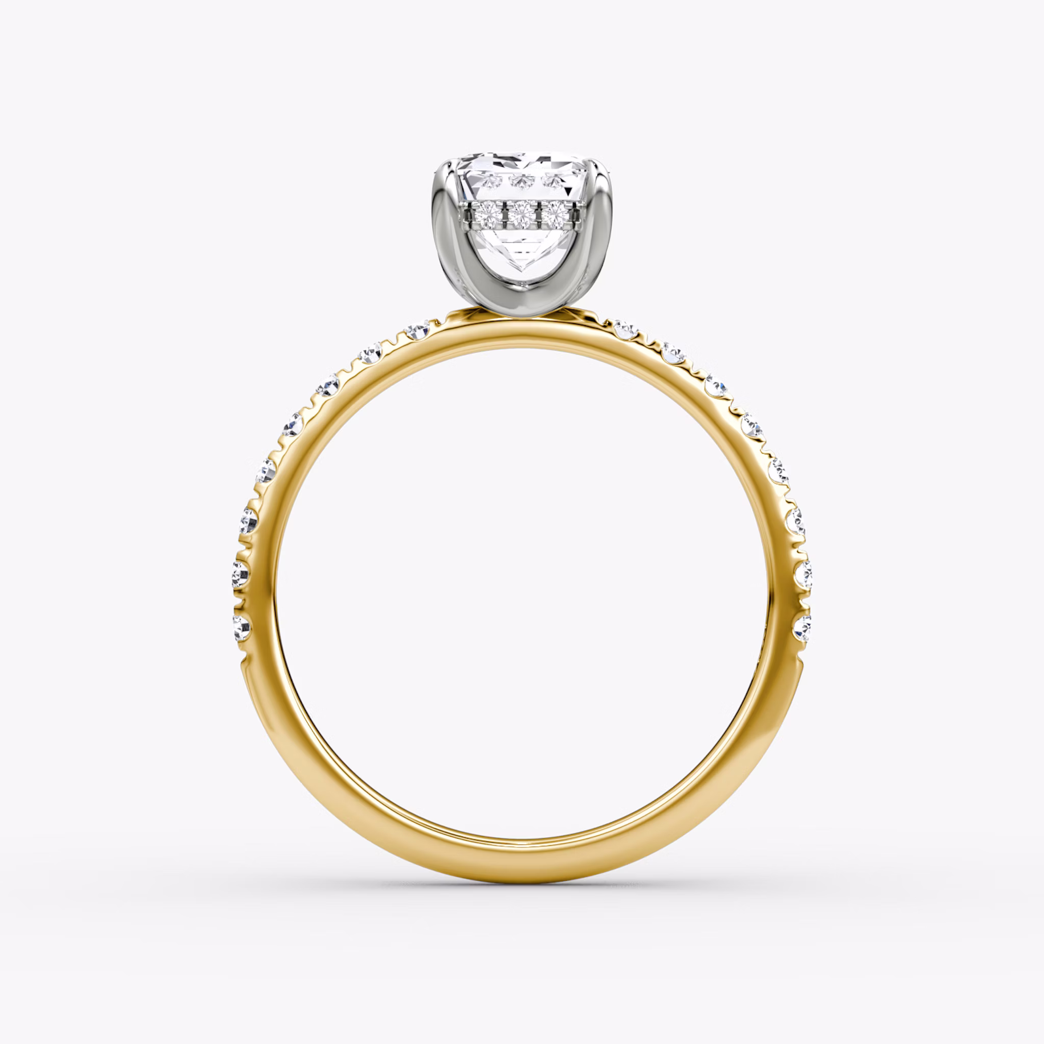 The Classic Hidden Halo | Emerald | 18k | Yellow Gold and Platinum | bandAccent: Pavé | bandWidth: large | prongStyle: Plain | diamondOrientation: vertical | caratWeight: other