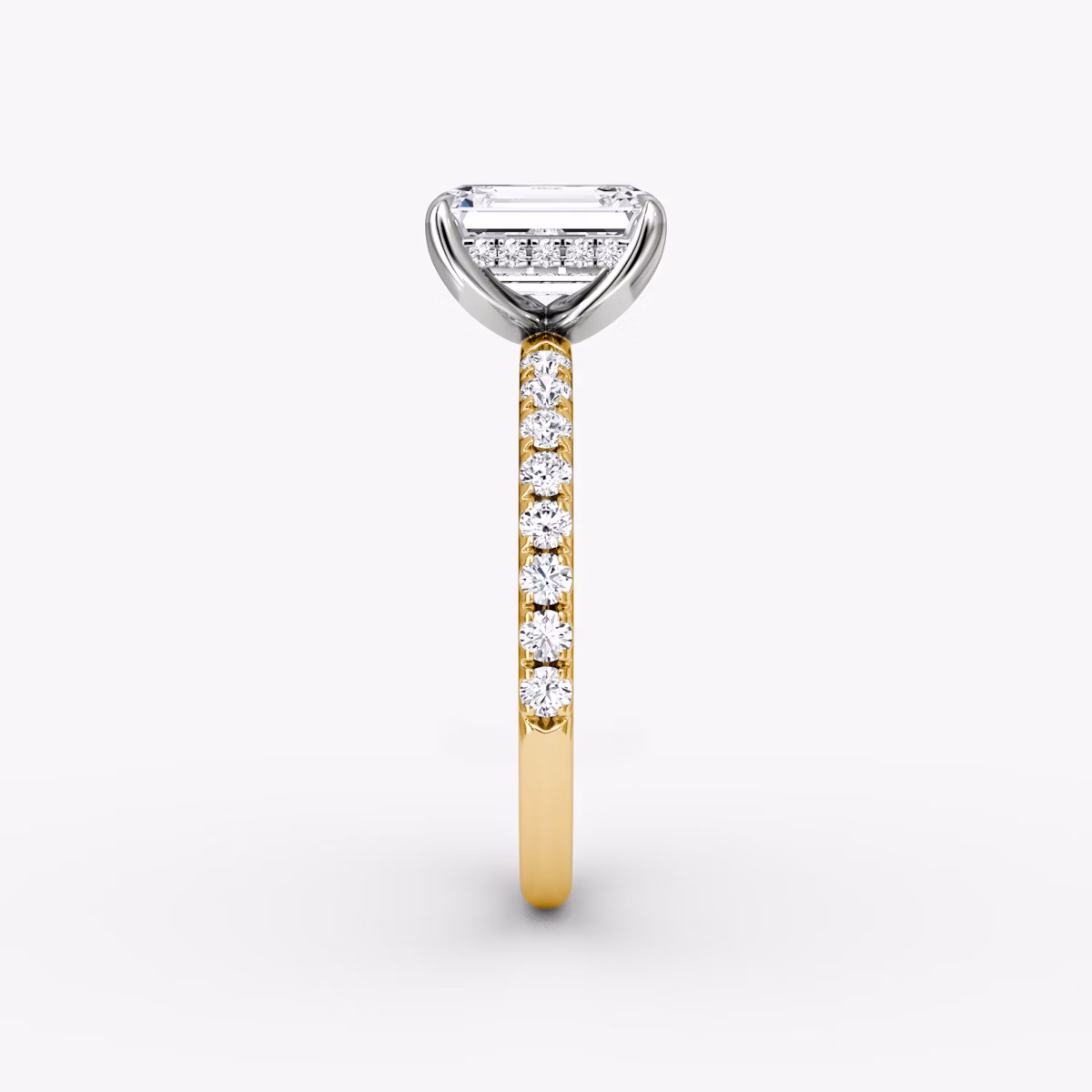 The Classic Hidden Halo | Emerald | 18k | Yellow Gold and Platinum | bandAccent: Pavé | bandWidth: large | prongStyle: Plain | diamondOrientation: vertical | caratWeight: other
