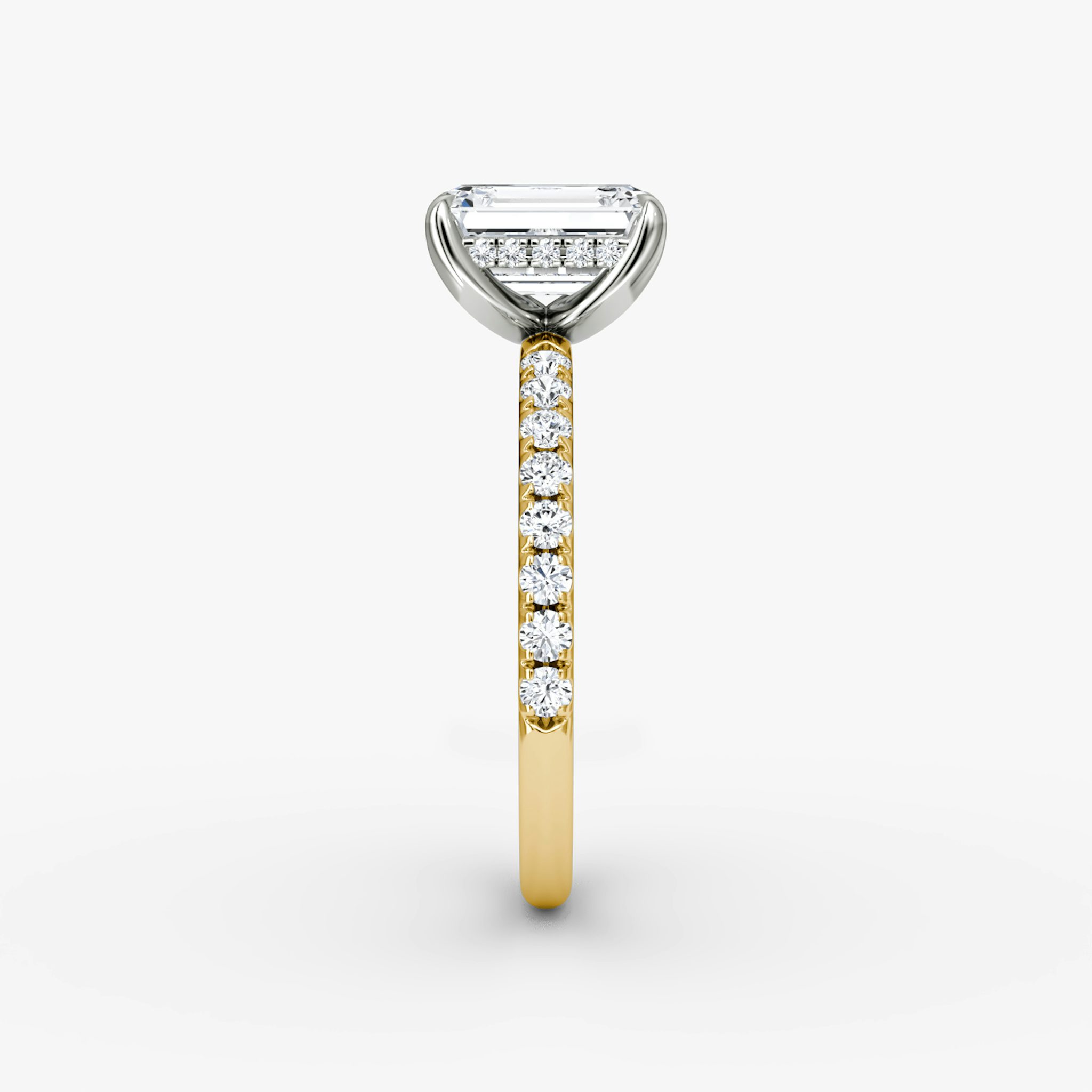 The Classic Hidden Halo | Emerald | 18k | Yellow Gold and Platinum | bandAccent: Pavé | bandWidth: large | prongStyle: Plain | diamondOrientation: vertical | caratWeight: other