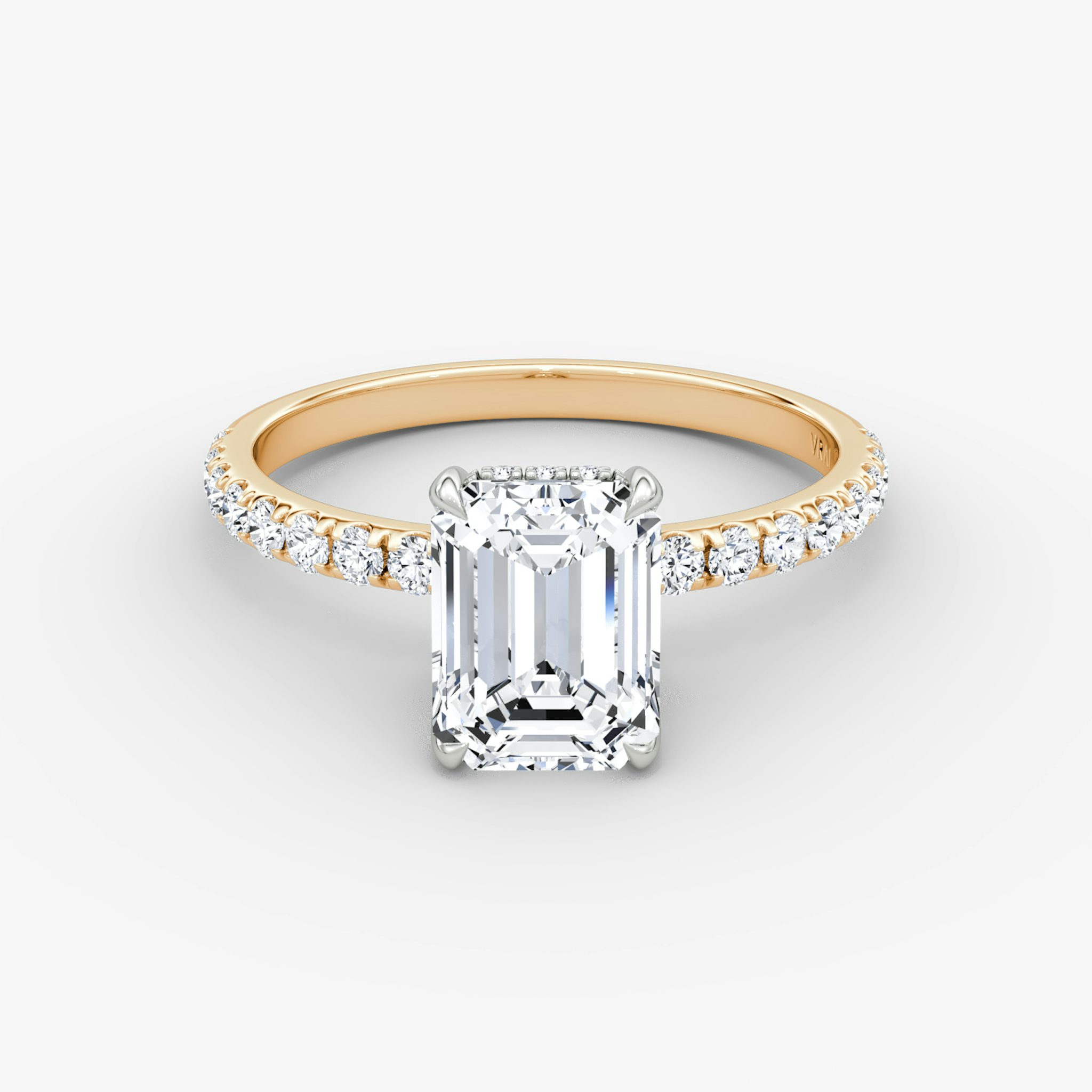 The Classic Hidden Halo | Emerald | 14k | Rose Gold and Platinum | bandAccent: Pavé | bandWidth: large | prongStyle: Plain | diamondOrientation: vertical | caratWeight: other