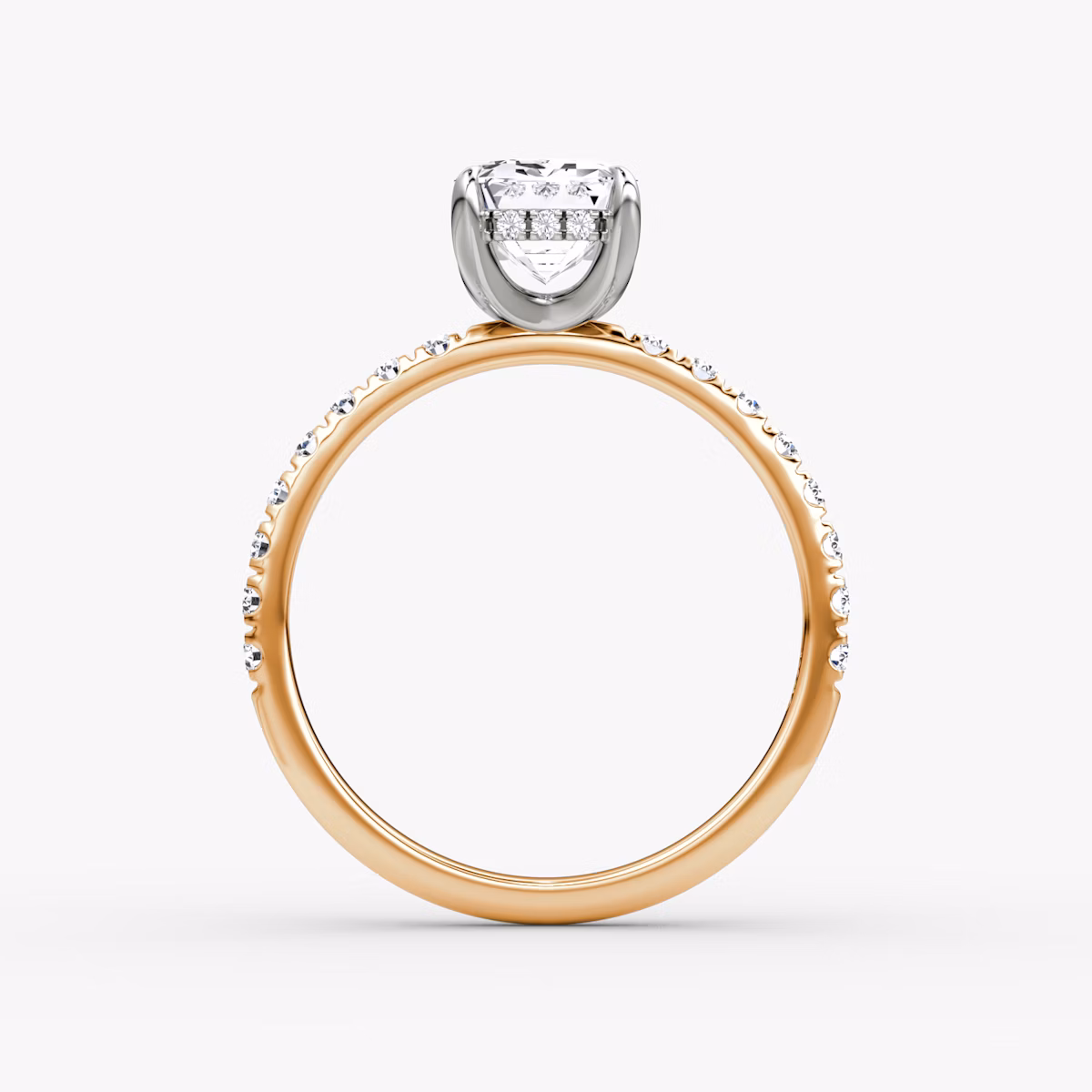 The Classic Hidden Halo | Emerald | 14k | Rose Gold and Platinum | bandAccent: Pavé | bandWidth: large | prongStyle: Plain | diamondOrientation: vertical | caratWeight: other