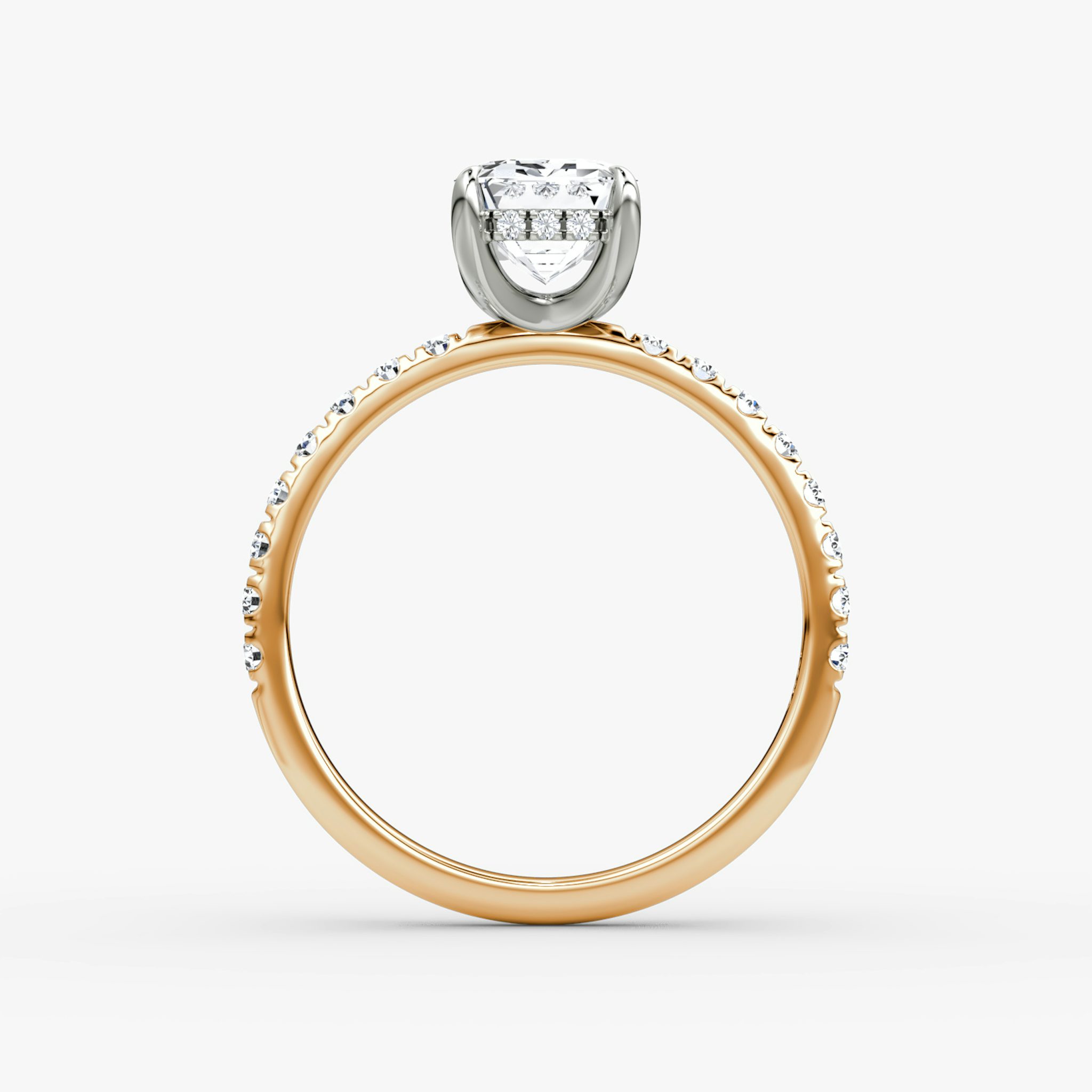 The Classic Hidden Halo | Emerald | 14k | Rose Gold and Platinum | bandAccent: Pavé | bandWidth: large | prongStyle: Plain | diamondOrientation: vertical | caratWeight: other