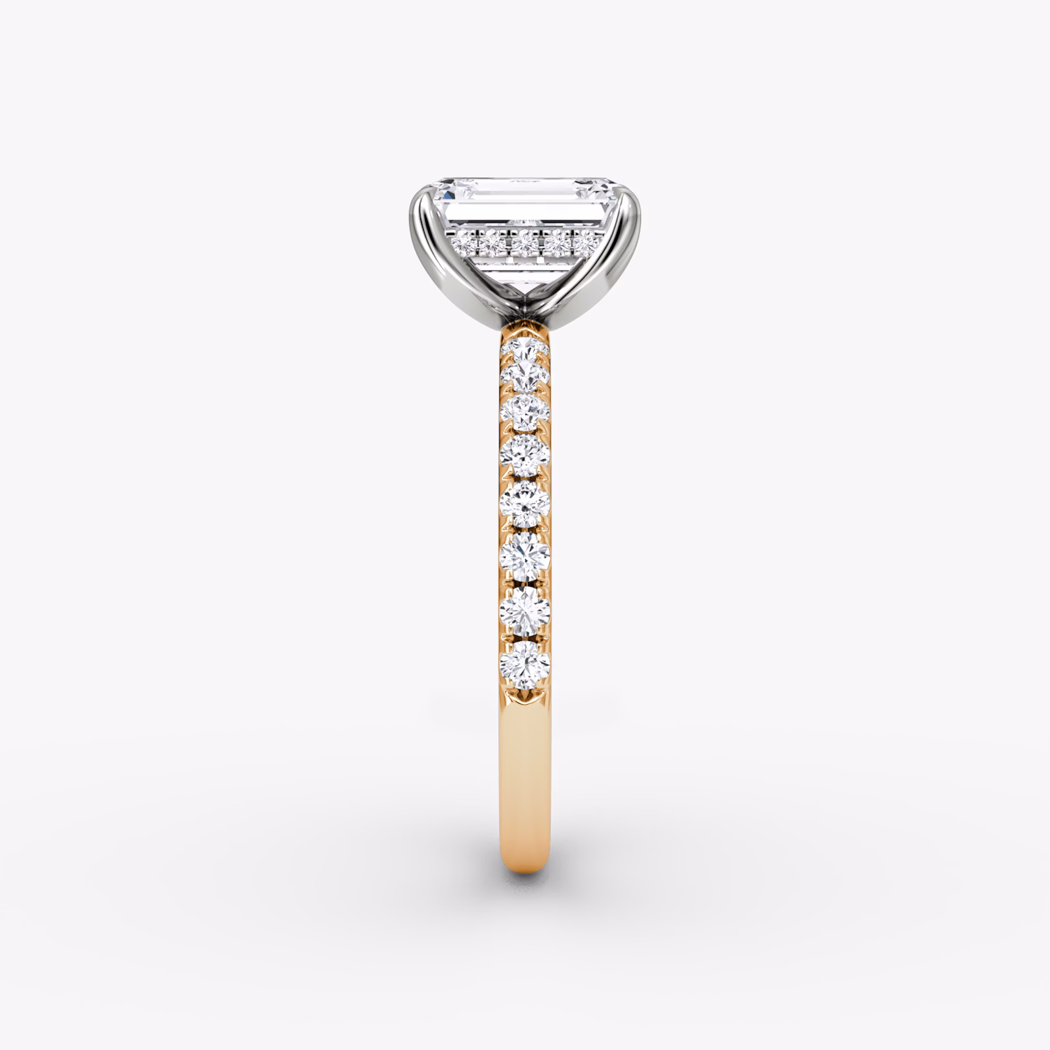 The Classic Hidden Halo | Emerald | 14k | Rose Gold and Platinum | bandAccent: Pavé | bandWidth: large | prongStyle: Plain | diamondOrientation: vertical | caratWeight: other