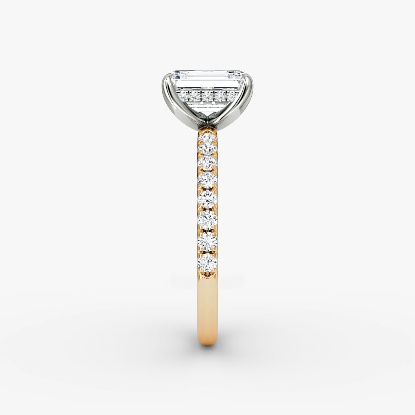 The Classic Hidden Halo | Emerald | 14k | Rose Gold and Platinum | bandAccent: Pavé | bandWidth: large | prongStyle: Plain | diamondOrientation: vertical | caratWeight: other