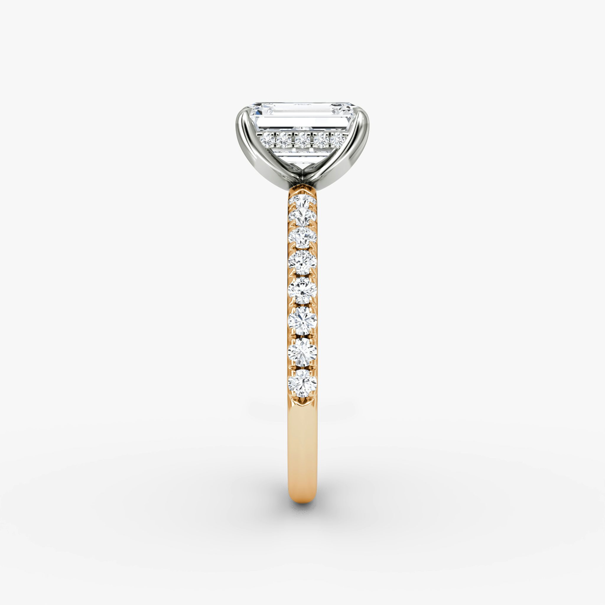 The Classic Hidden Halo | Emerald | 14k | Rose Gold and Platinum | bandAccent: Pavé | bandWidth: large | prongStyle: Plain | diamondOrientation: vertical | caratWeight: other