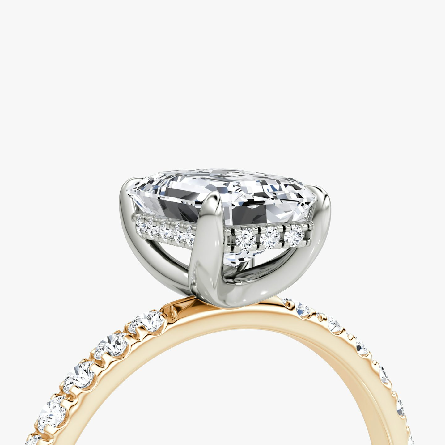 The Classic Hidden Halo | Emerald | 14k | Rose Gold and Platinum | bandAccent: Pavé | bandWidth: large | prongStyle: Plain | diamondOrientation: vertical | caratWeight: other