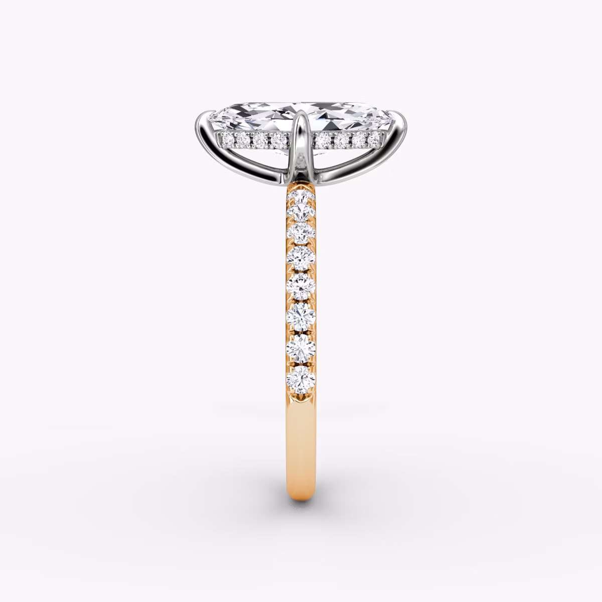 The Classic Hidden Halo | Marquise | 14k | Rose Gold and Platinum | bandAccent: Pavé | bandWidth: large | prongStyle: Plain | diamondOrientation: vertical | caratWeight: other