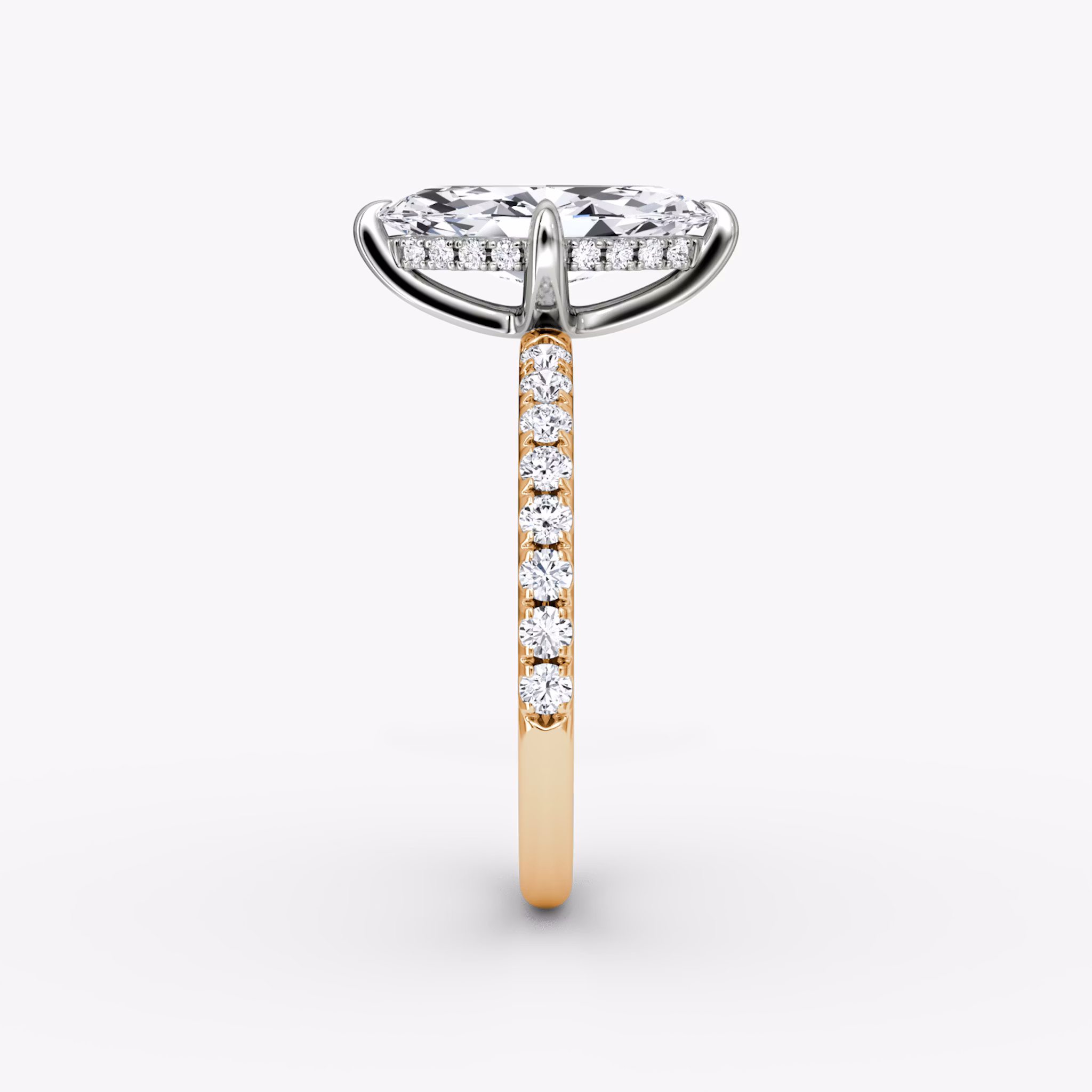 The Classic Hidden Halo | Marquise | 14k | Rose Gold and Platinum | bandAccent: Pavé | bandWidth: large | prongStyle: Plain | diamondOrientation: vertical | caratWeight: other
